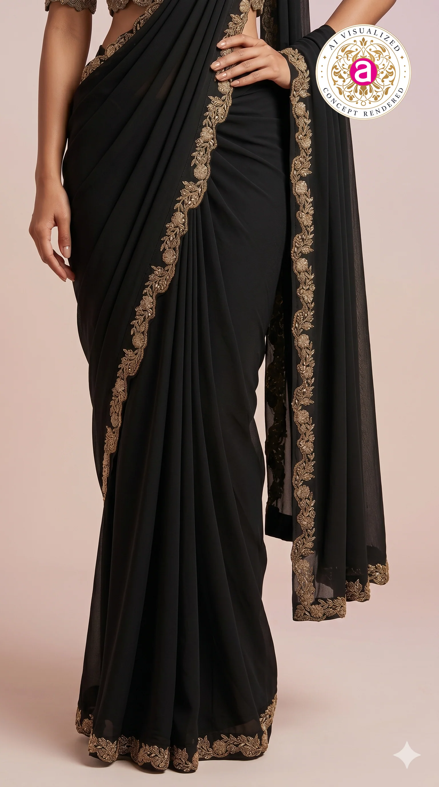 Black Designer Saree with Embroidered Blouse & Statement Border - Image 7