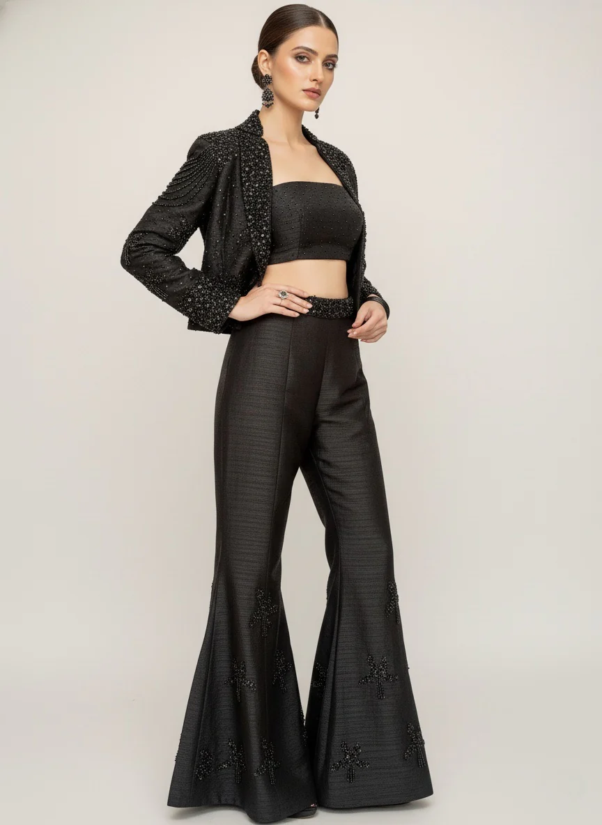 Black Embellished Jacket with Flared Palazzo Pants - Image 2
