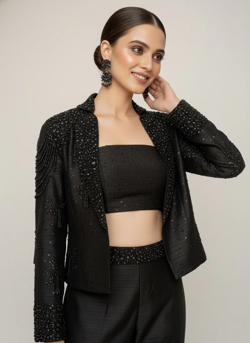 Black Embellished Jacket with Flared Palazzo Pants - Image 4