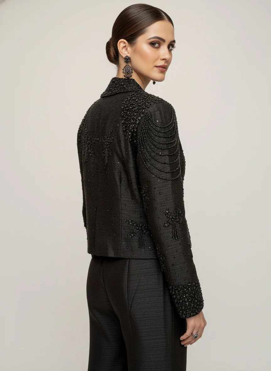 Black Embellished Jacket with Flared Palazzo Pants - Image 5