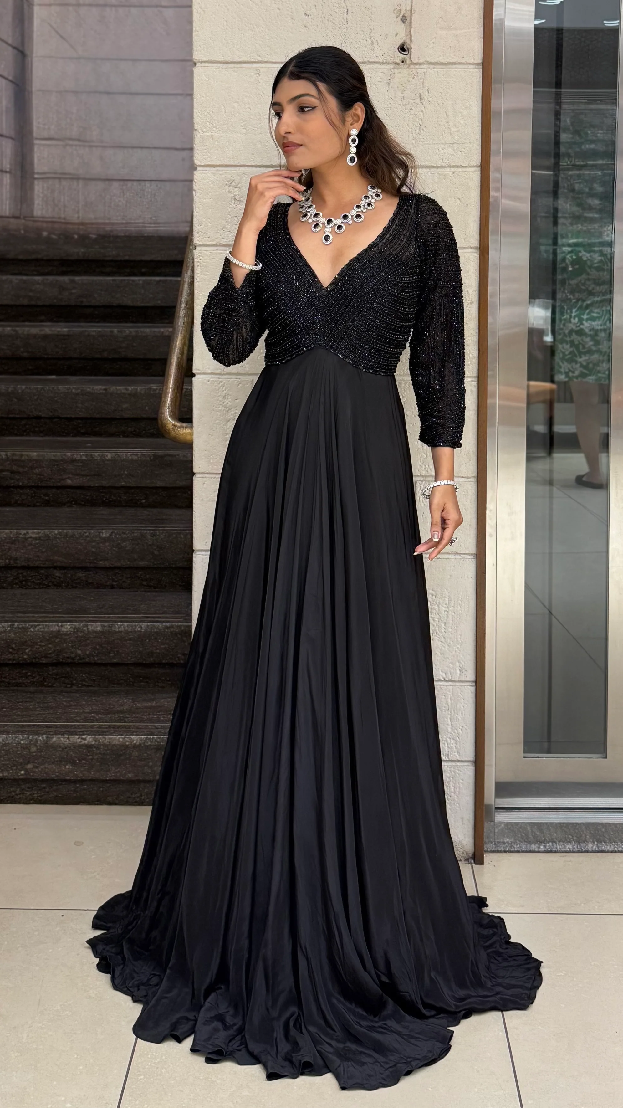 Black Embellished V-Neck Designer Evening Gown with Flared Skirt - Image 3