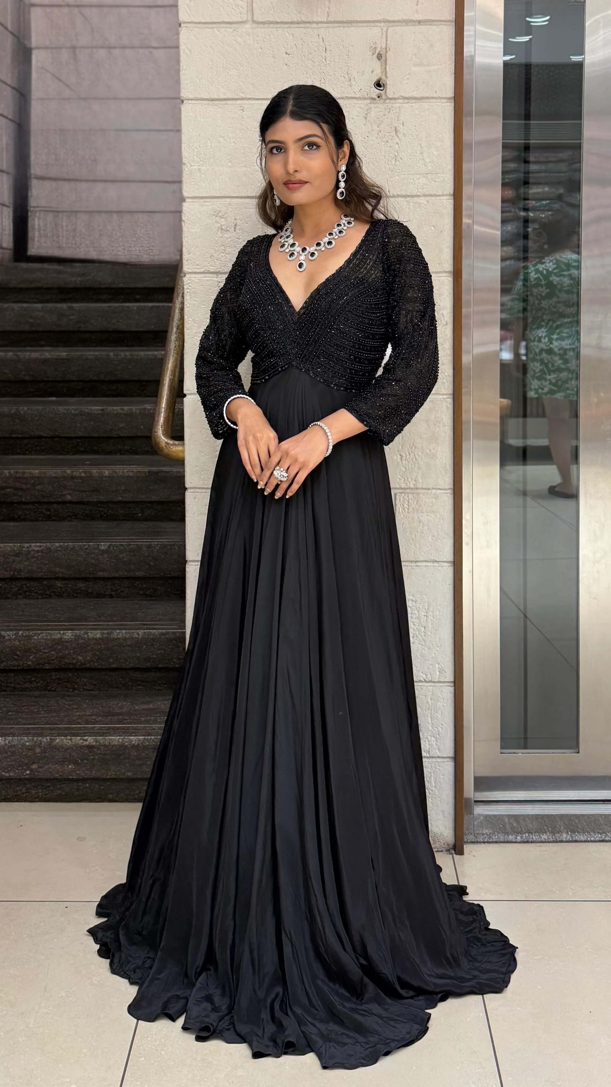 Black Embellished V-Neck Designer Evening Gown with Flared Skirt - Image 4