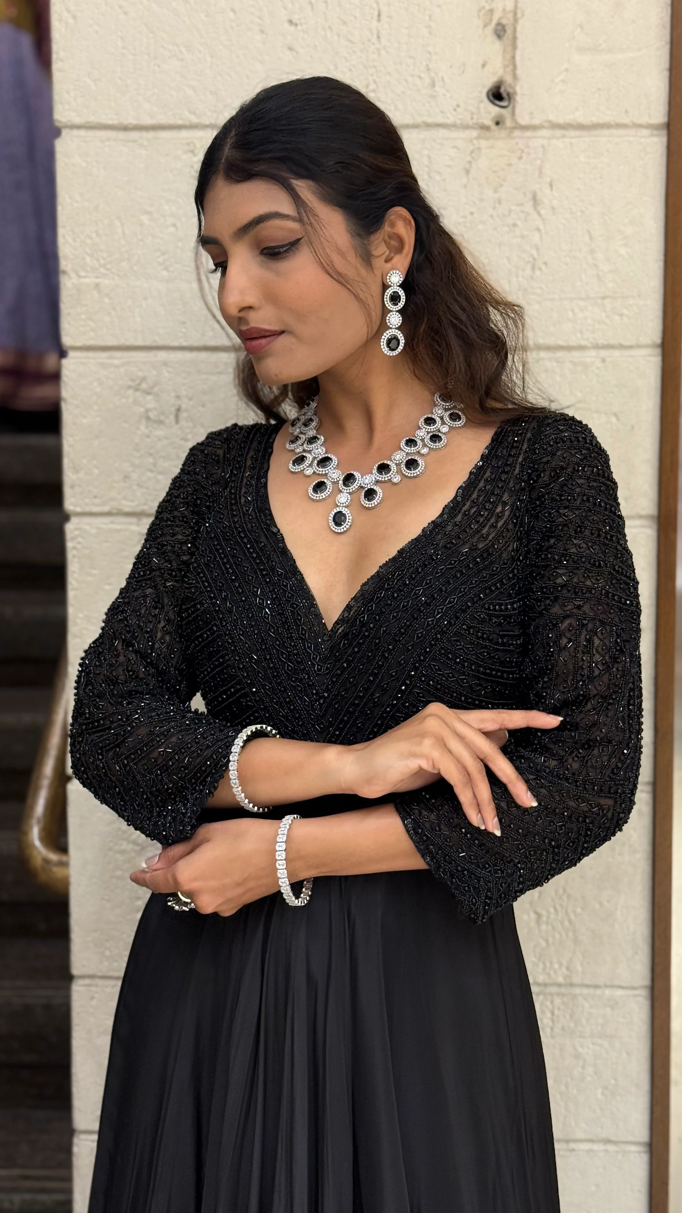 Black Embellished V-Neck Designer Evening Gown with Flared Skirt - Image 6