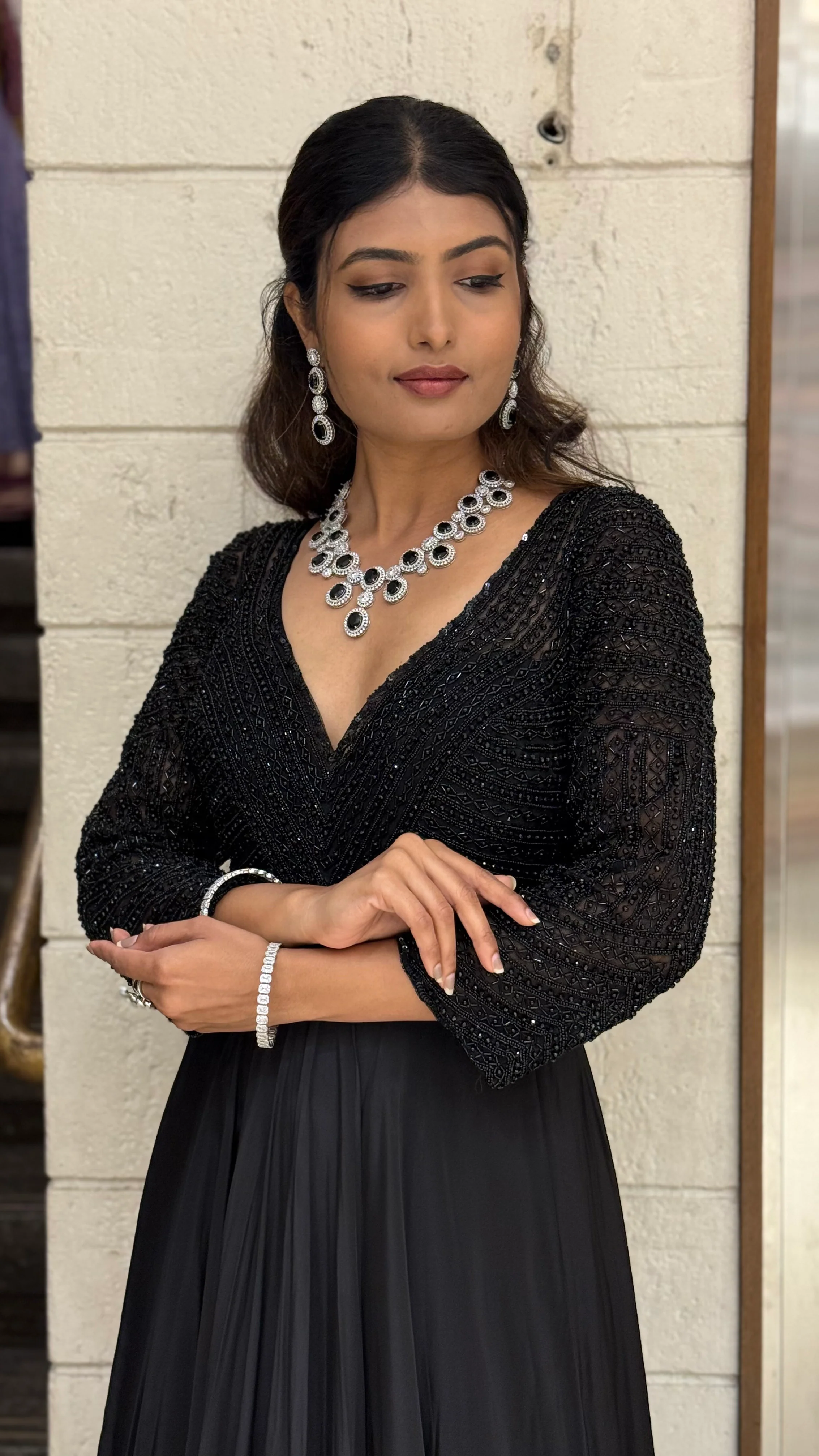 Black Embellished V-Neck Designer Evening Gown with Flared Skirt - Image 7
