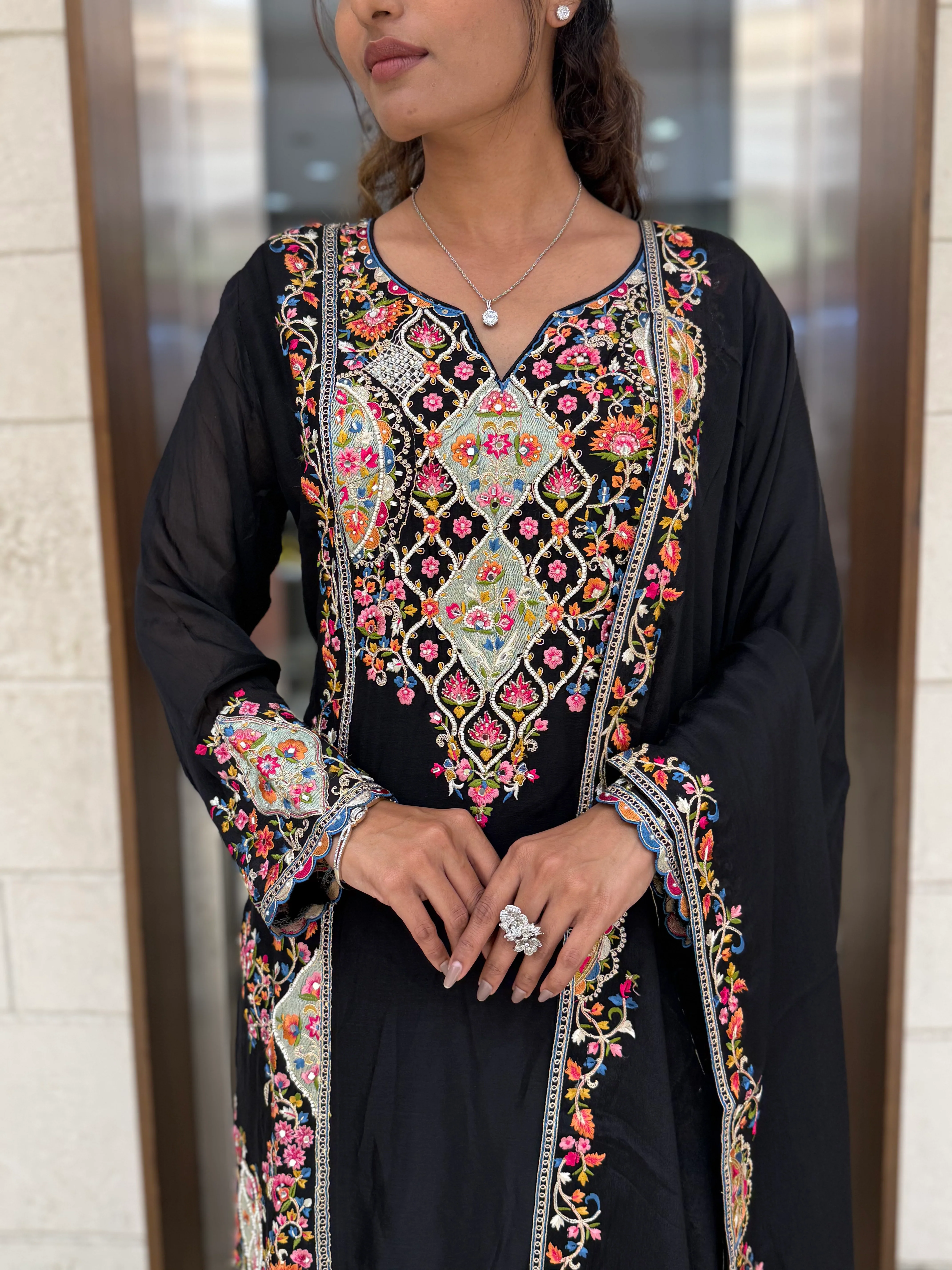 Black Embroidered Anarkali Suit Set with Multicolor Floral Threadwork & Statement Dupatta - Image 2