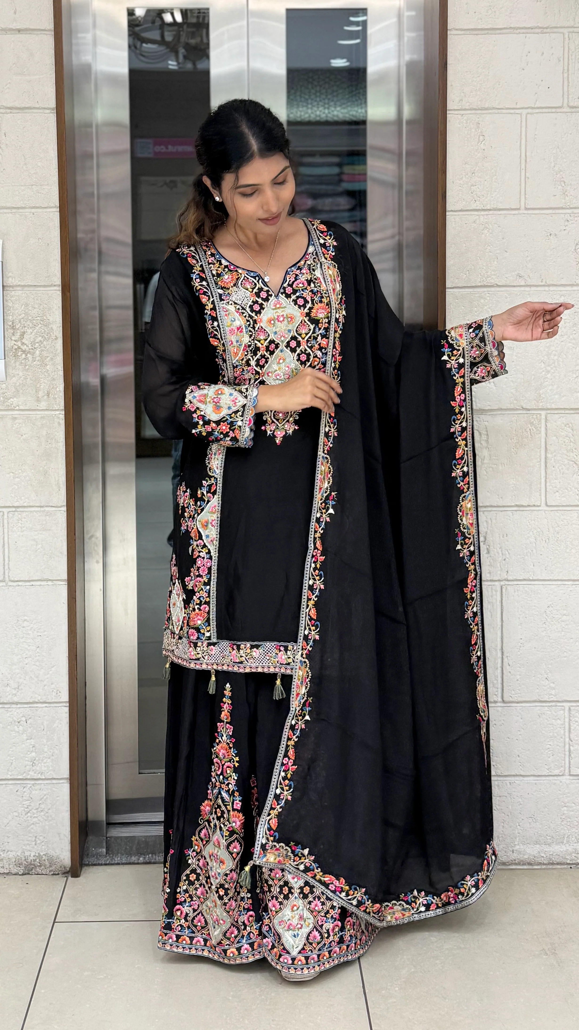 Black Embroidered Anarkali Suit Set with Multicolor Floral Threadwork & Statement Dupatta - Image 3