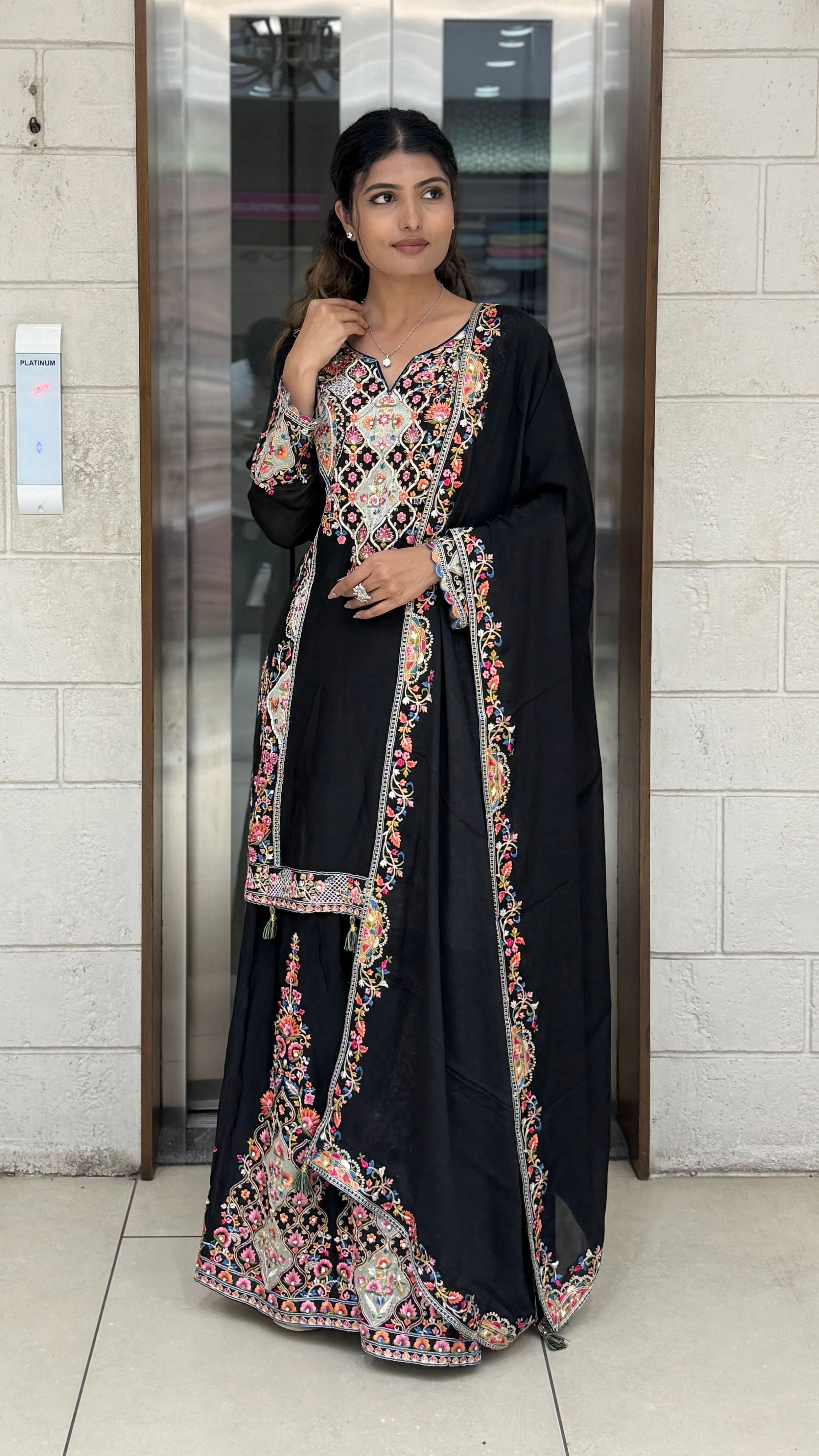 Black Embroidered Anarkali Suit Set with Multicolor Floral Threadwork & Statement Dupatta - Image 4
