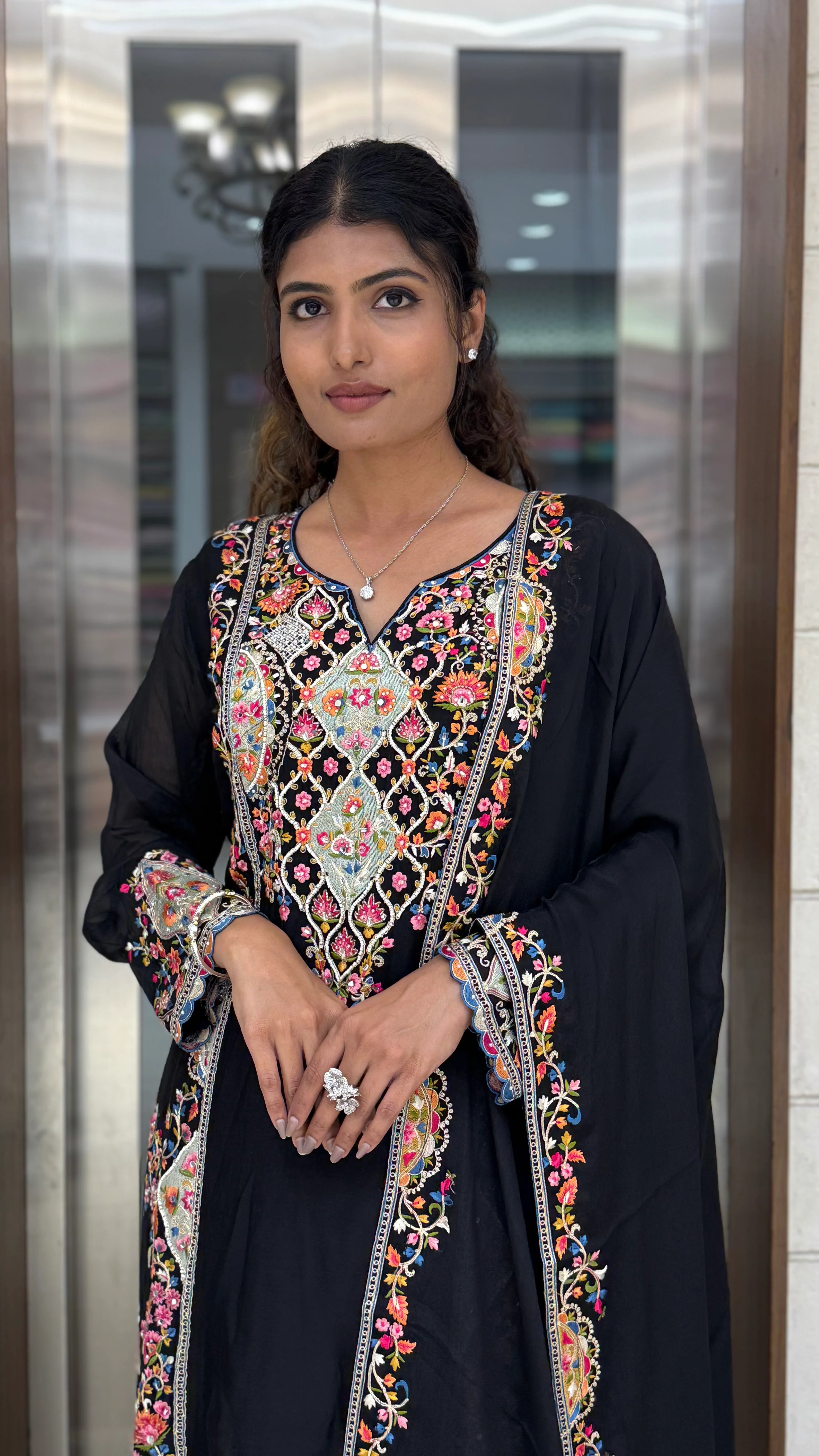 Black Embroidered Anarkali Suit Set with Multicolor Floral Threadwork & Statement Dupatta - Image 5