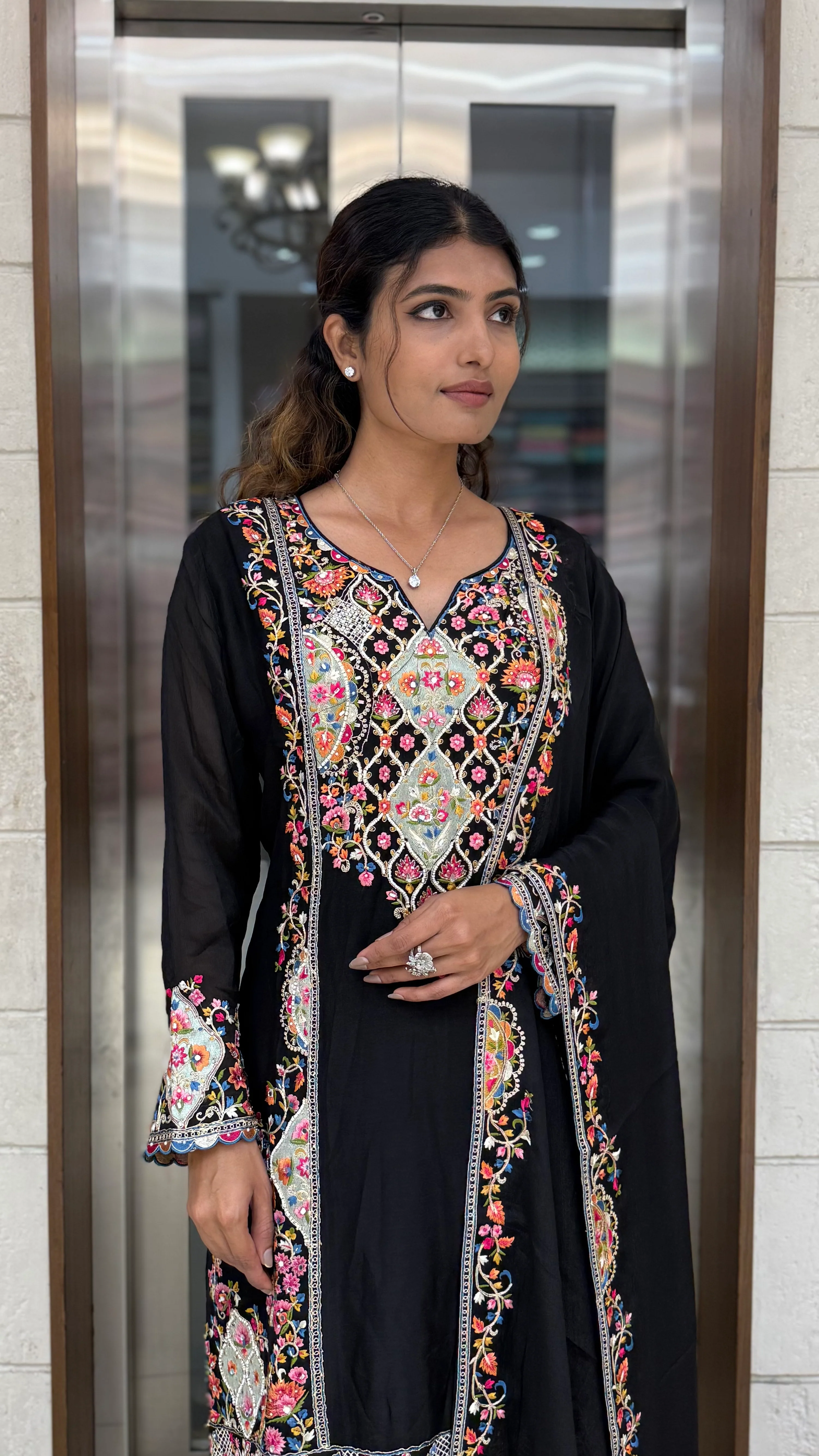 Black Embroidered Anarkali Suit Set with Multicolor Floral Threadwork & Statement Dupatta - Image 6