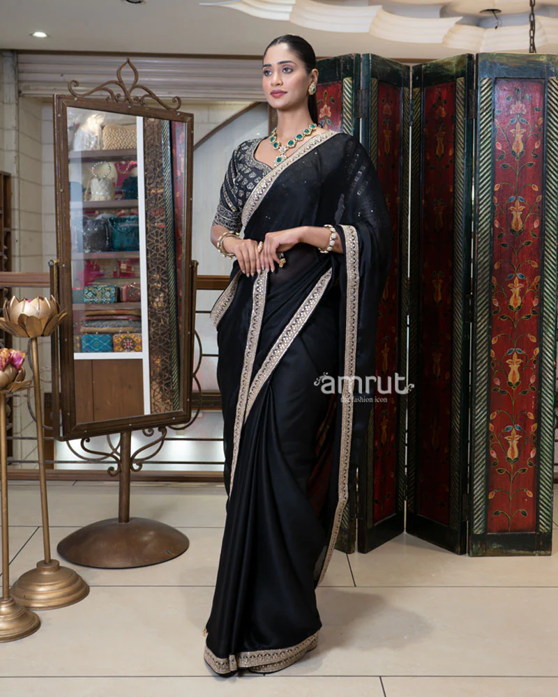 Black Embroidered Border Saree with Stitched Blouse - Image 2