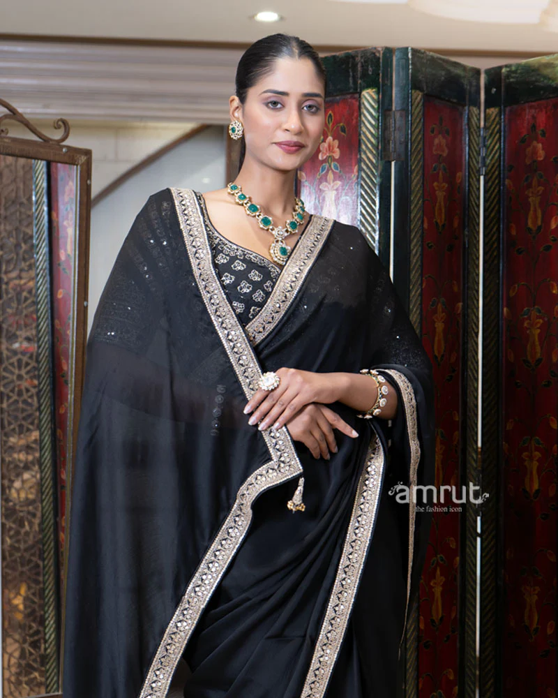 Black Embroidered Border Saree with Stitched Blouse - Image 3