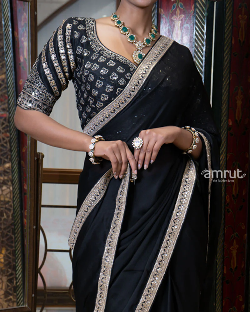 Black Embroidered Border Saree with Stitched Blouse - Image 4