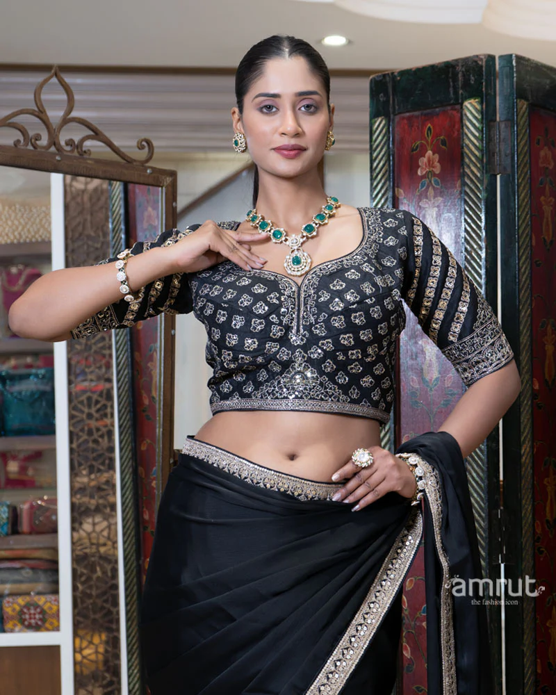Black Embroidered Border Saree with Stitched Blouse - Image 5