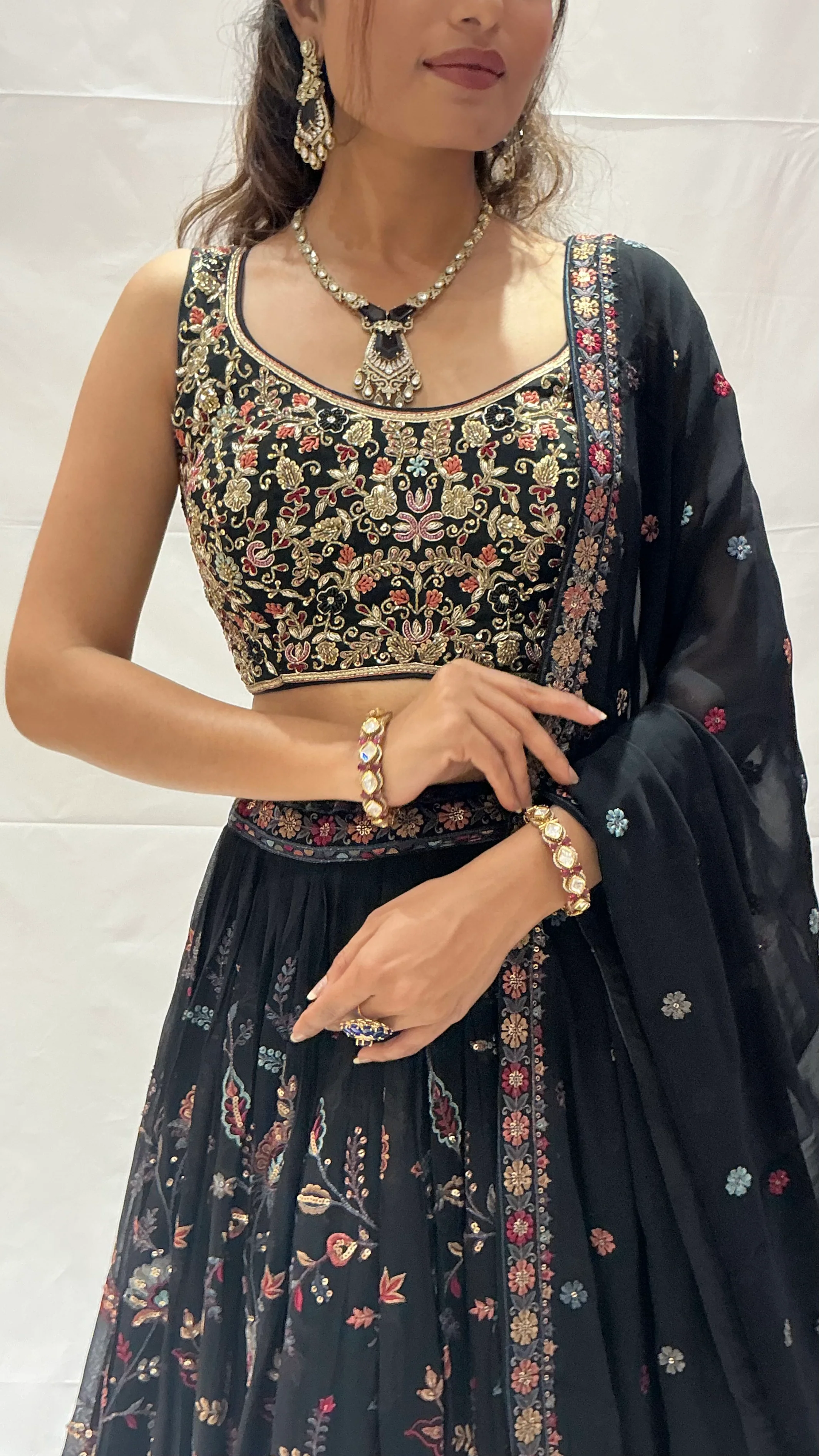 Black Floral Embroidered Designer Lehenga Choli Set with Zari & Sequin Work - Image 2