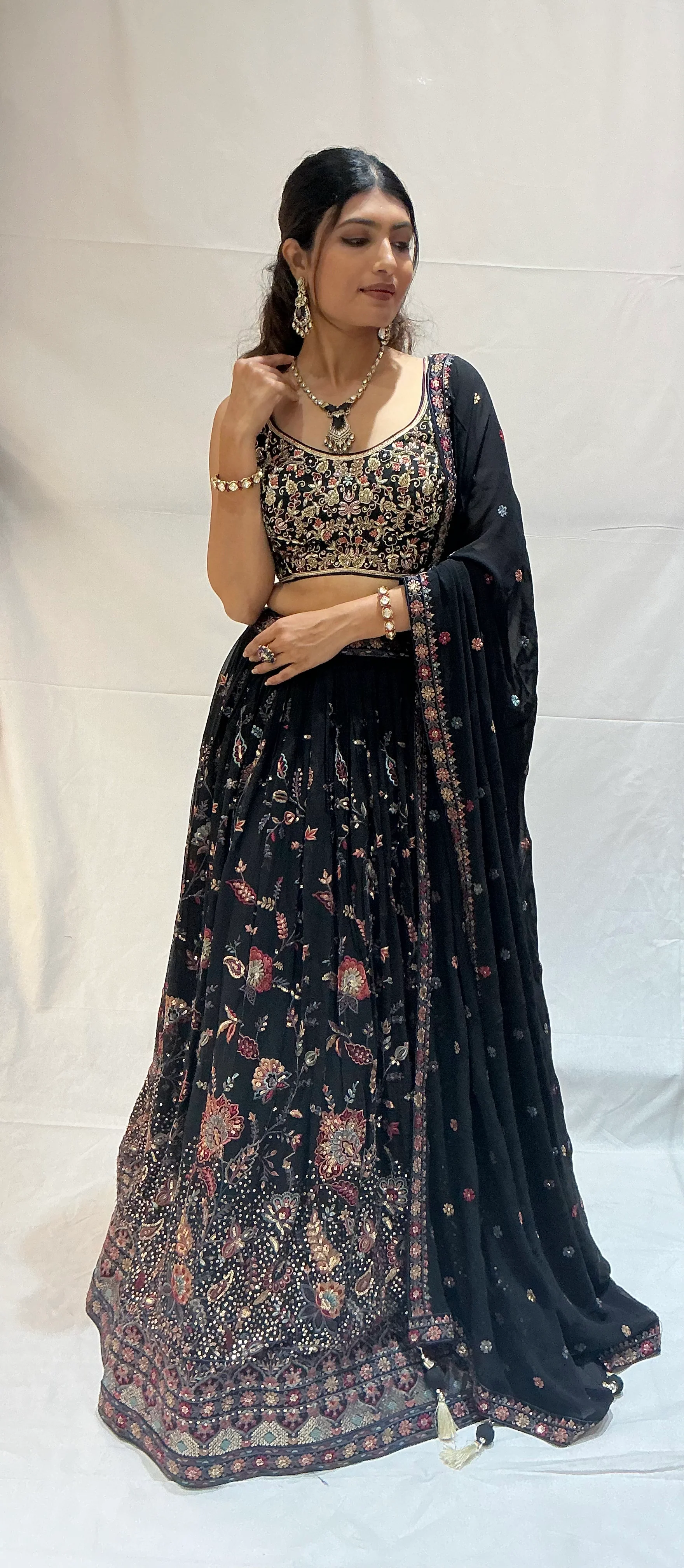 Black Floral Embroidered Designer Lehenga Choli Set with Zari & Sequin Work - Image 3