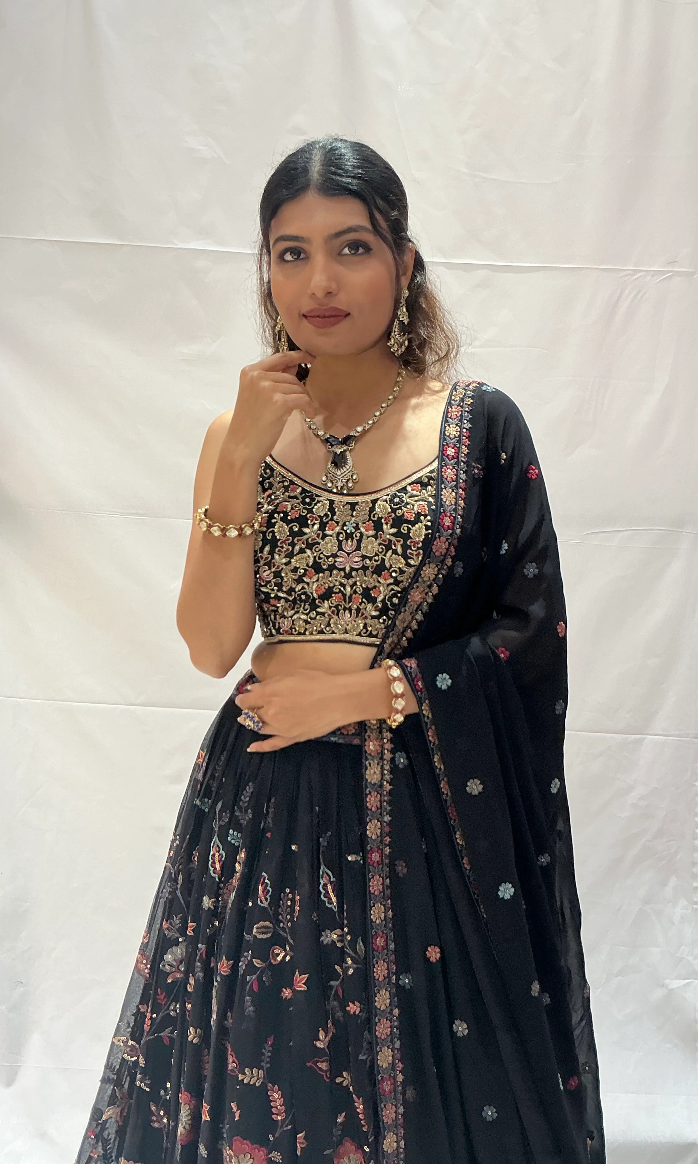 Black Floral Embroidered Designer Lehenga Choli Set with Zari & Sequin Work - Image 4