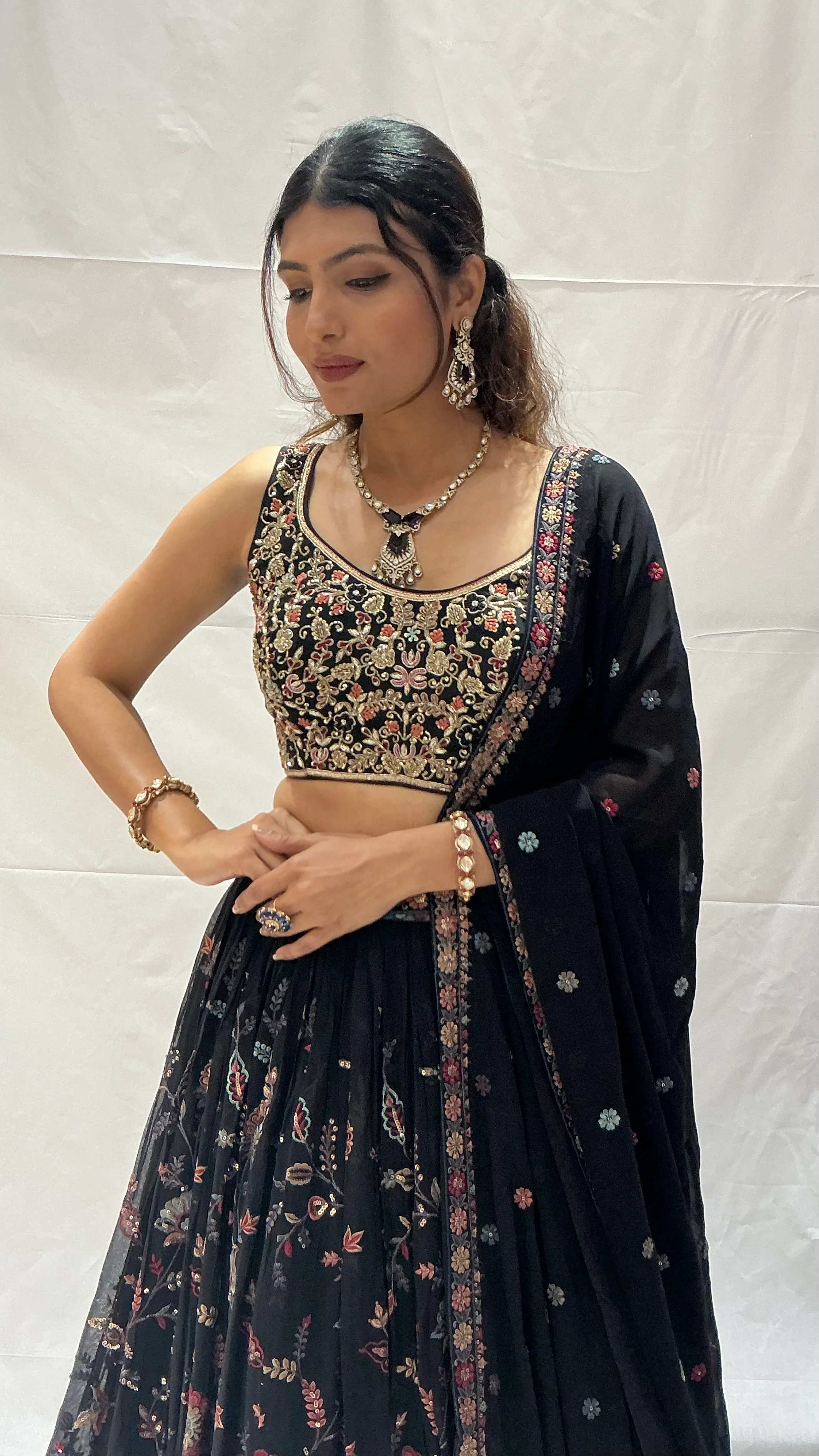 Black Floral Embroidered Designer Lehenga Choli Set with Zari & Sequin Work - Image 5
