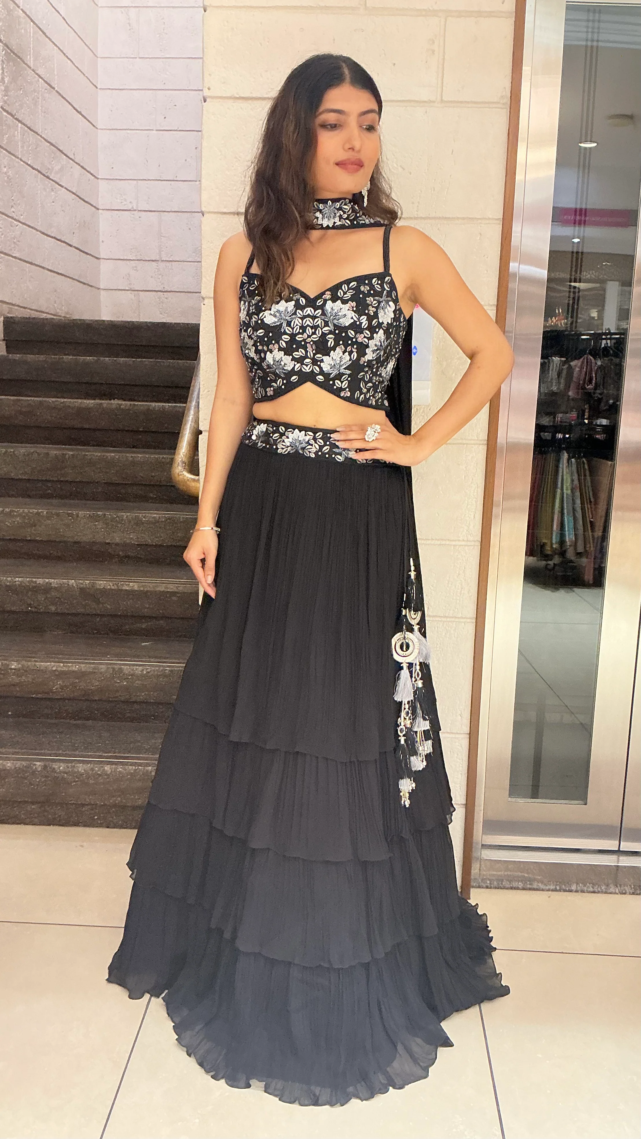 Black Floral Embroidered Designer Lehenga Set with Tiered Skirt & Choker Dupatta - Image 3