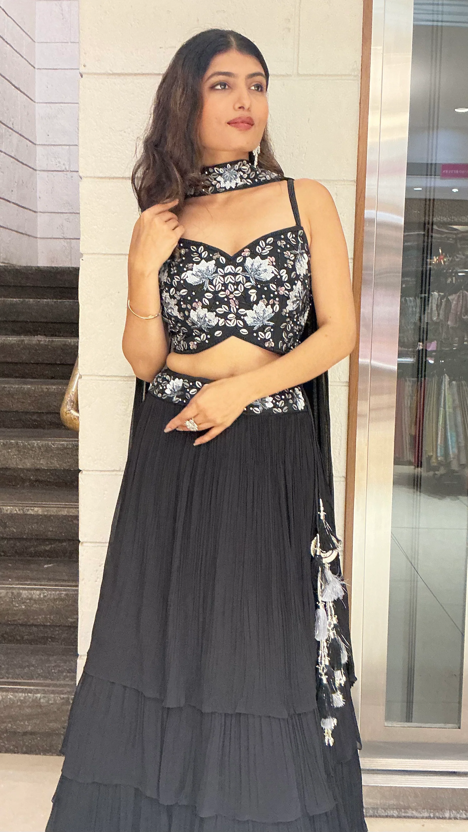 Black Floral Embroidered Designer Lehenga Set with Tiered Skirt & Choker Dupatta - Image 5