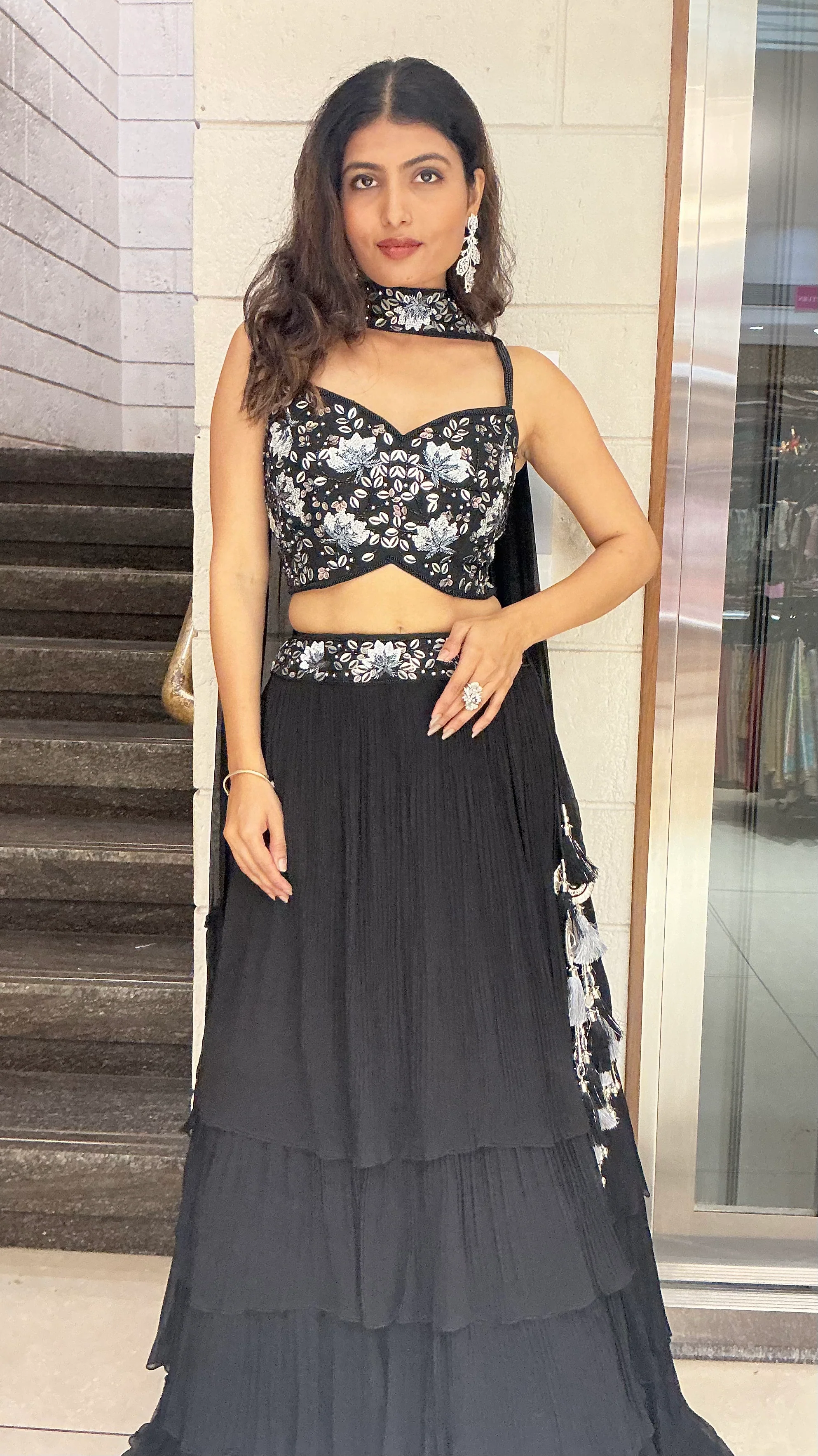 Black Floral Embroidered Designer Lehenga Set with Tiered Skirt & Choker Dupatta - Image 6