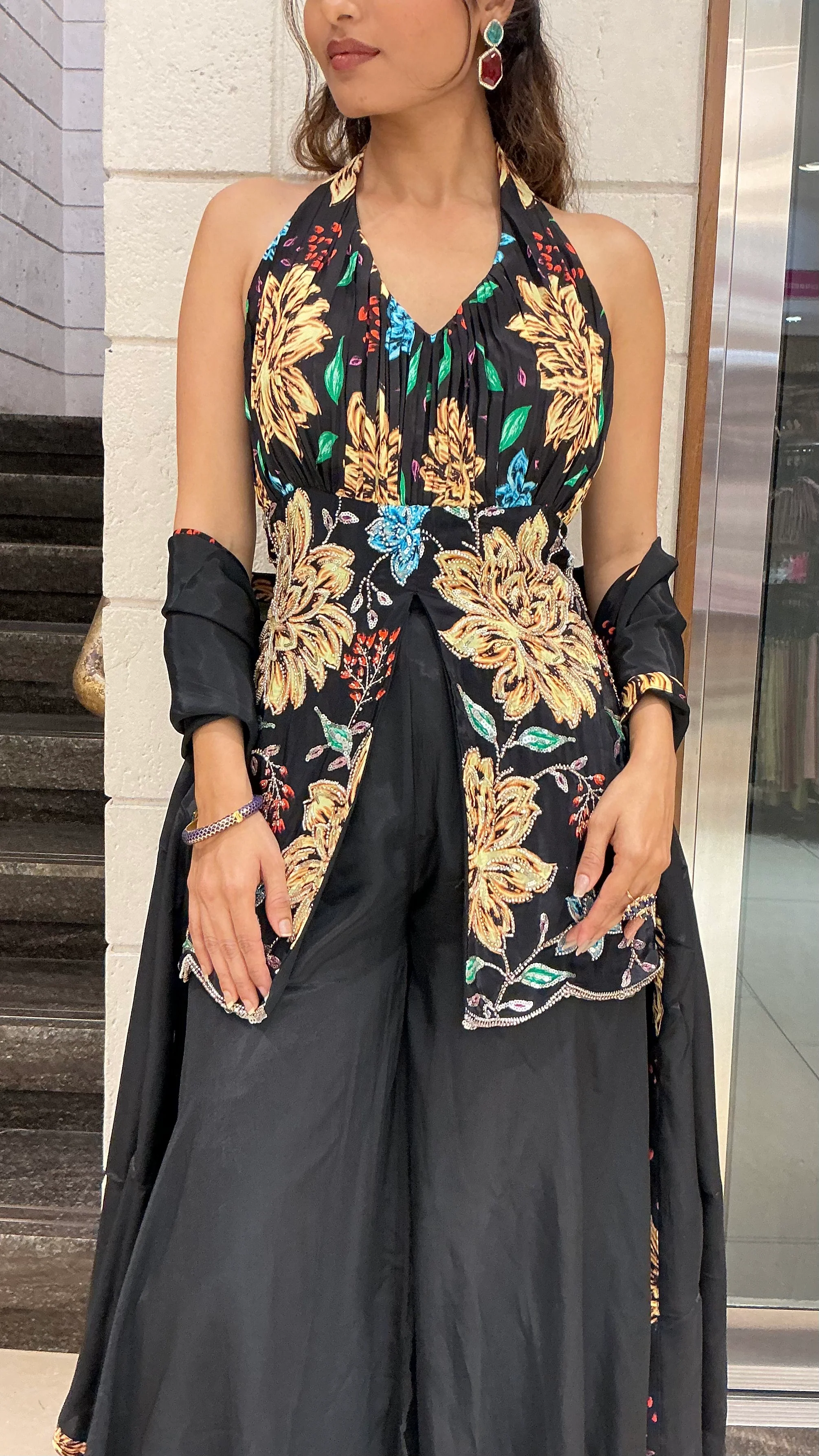 Black Floral Embroidered Halter Neck Palazzo Set with Matching Dupatta - Image 2