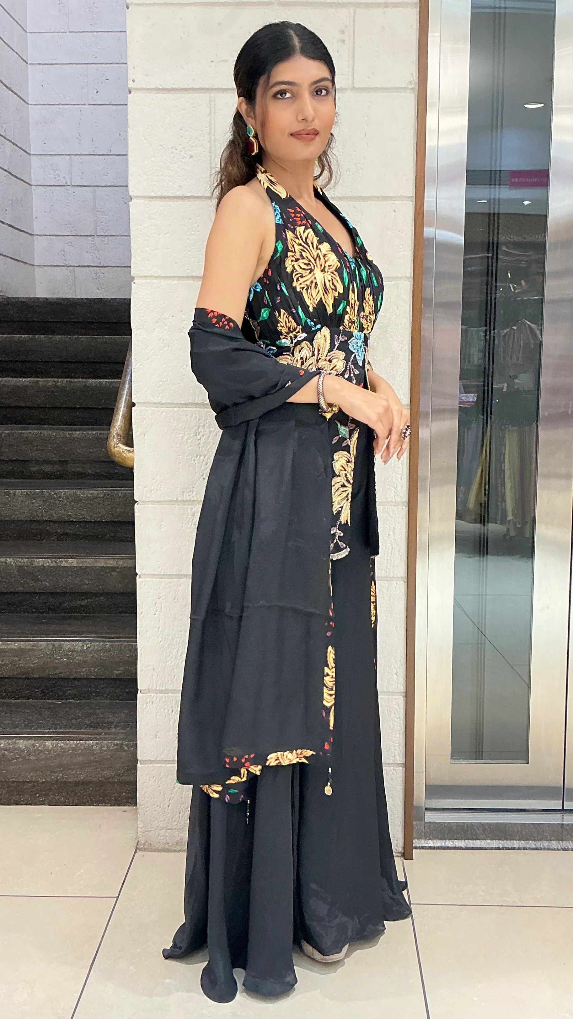 Black Floral Embroidered Halter Neck Palazzo Set with Matching Dupatta - Image 3