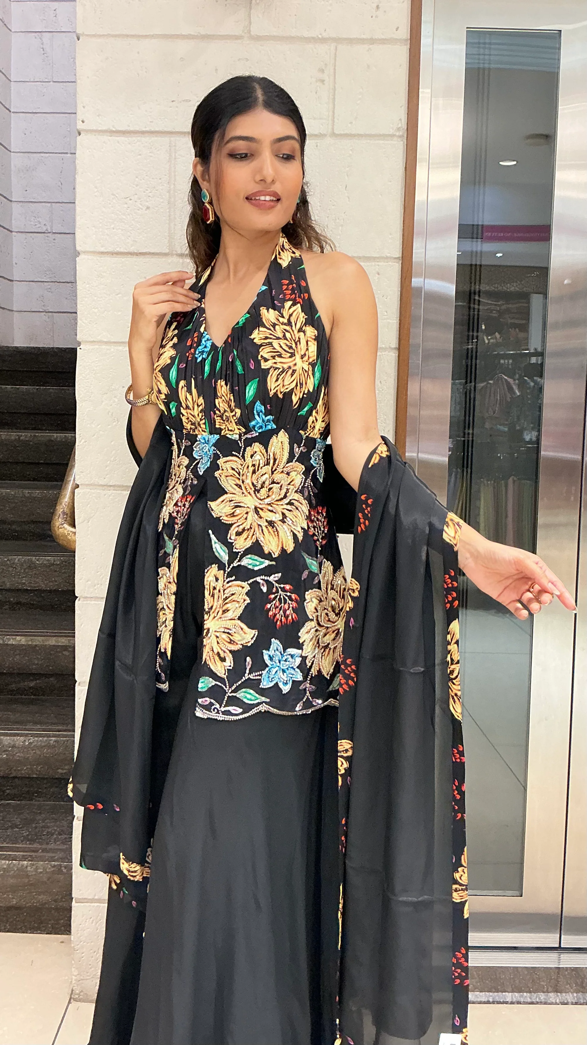 Black Floral Embroidered Halter Neck Palazzo Set with Matching Dupatta - Image 4