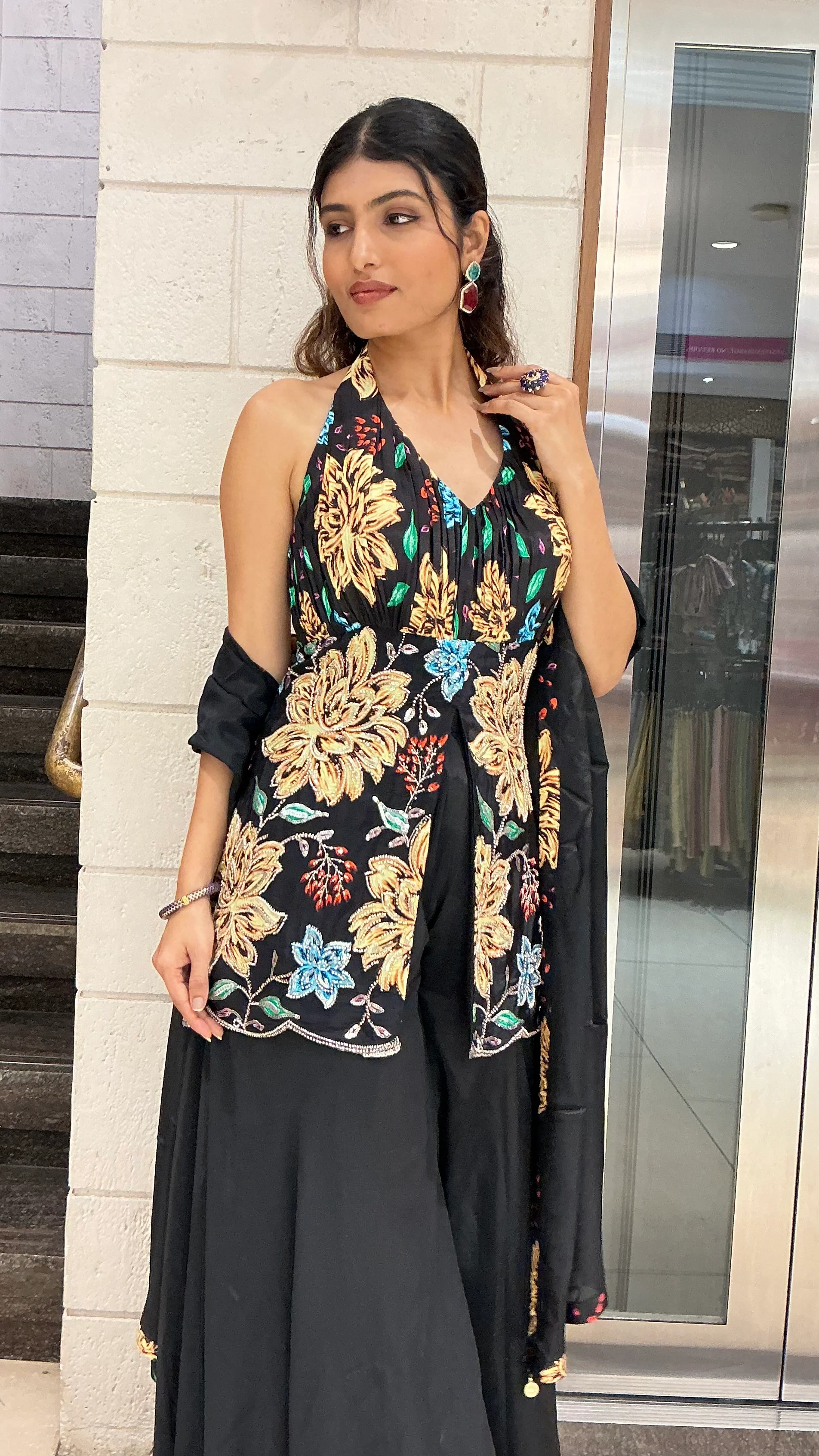 Black Floral Embroidered Halter Neck Palazzo Set with Matching Dupatta - Image 5