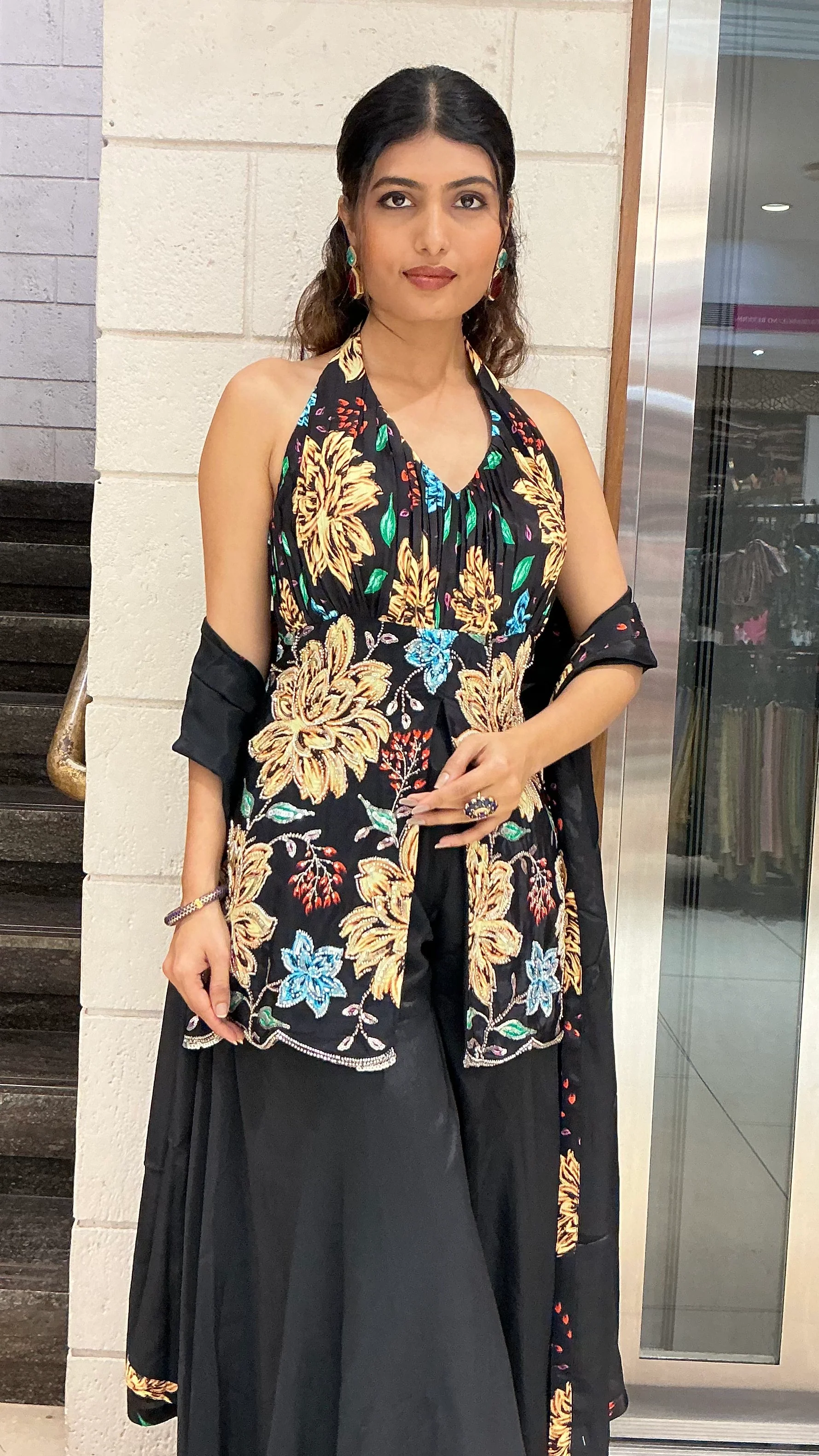 Black Floral Embroidered Halter Neck Palazzo Set with Matching Dupatta - Image 6