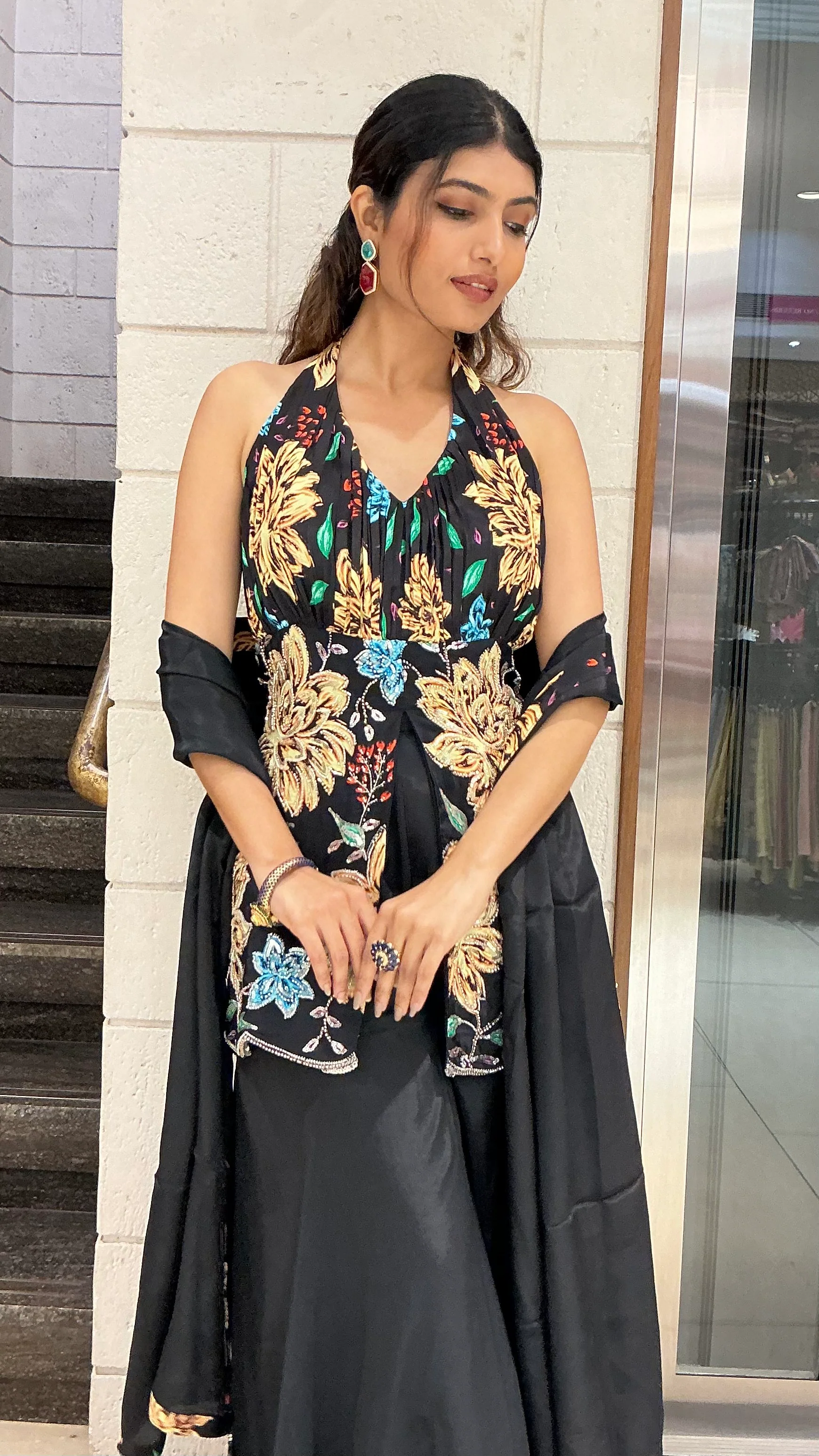 Black Floral Embroidered Halter Neck Palazzo Set with Matching Dupatta - Image 7