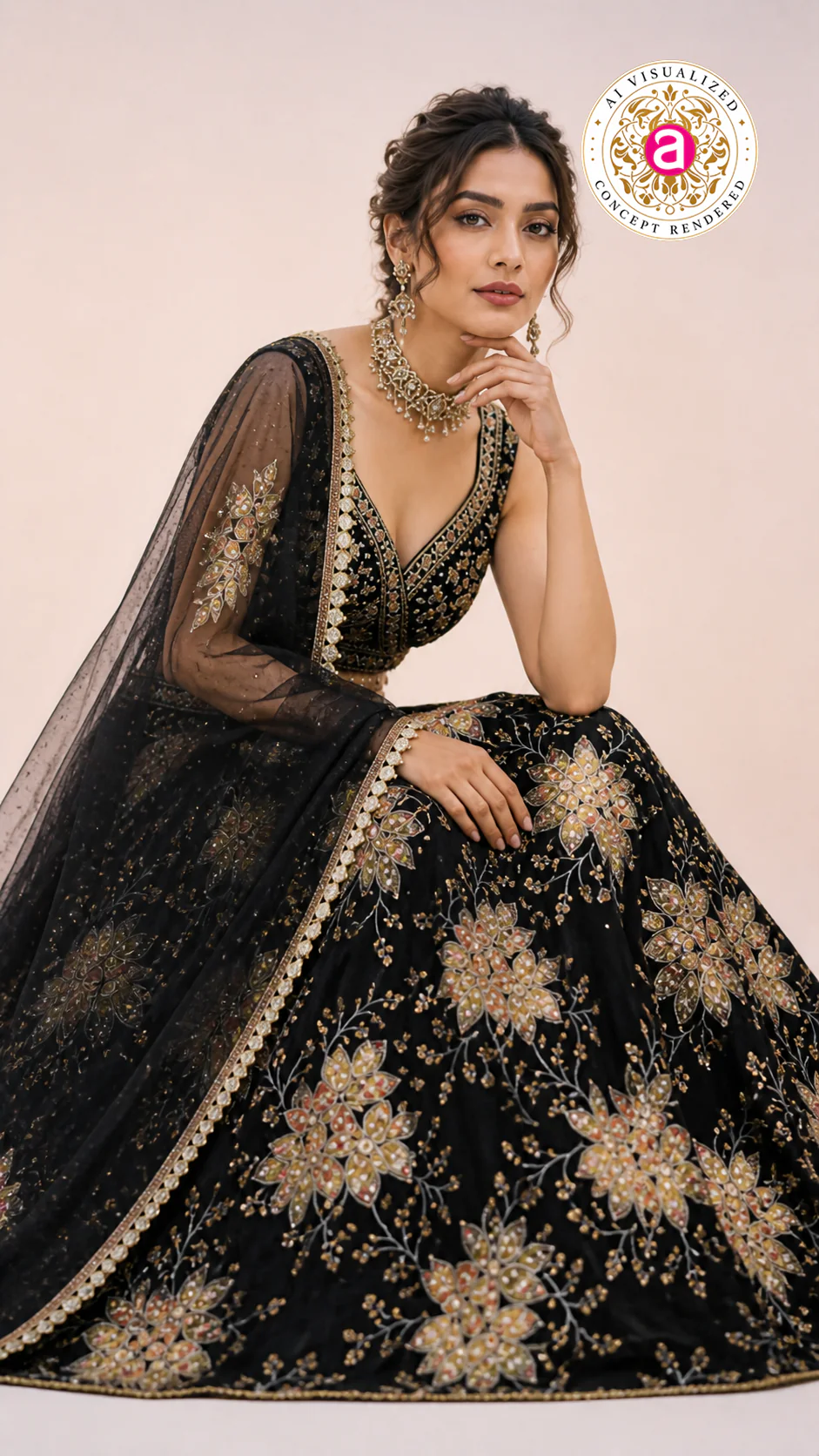 Black Floral Embroidered Lehenga Choli with Designer Blouse & Sheer Net Dupatta - Image 2