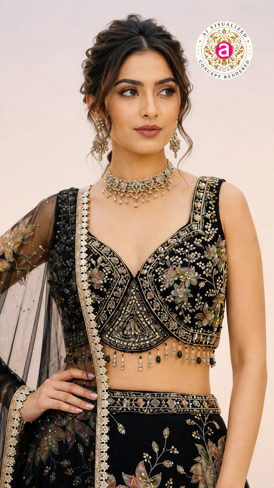 Black Floral Embroidered Lehenga Choli with Designer Blouse & Sheer Net Dupatta - Image 3