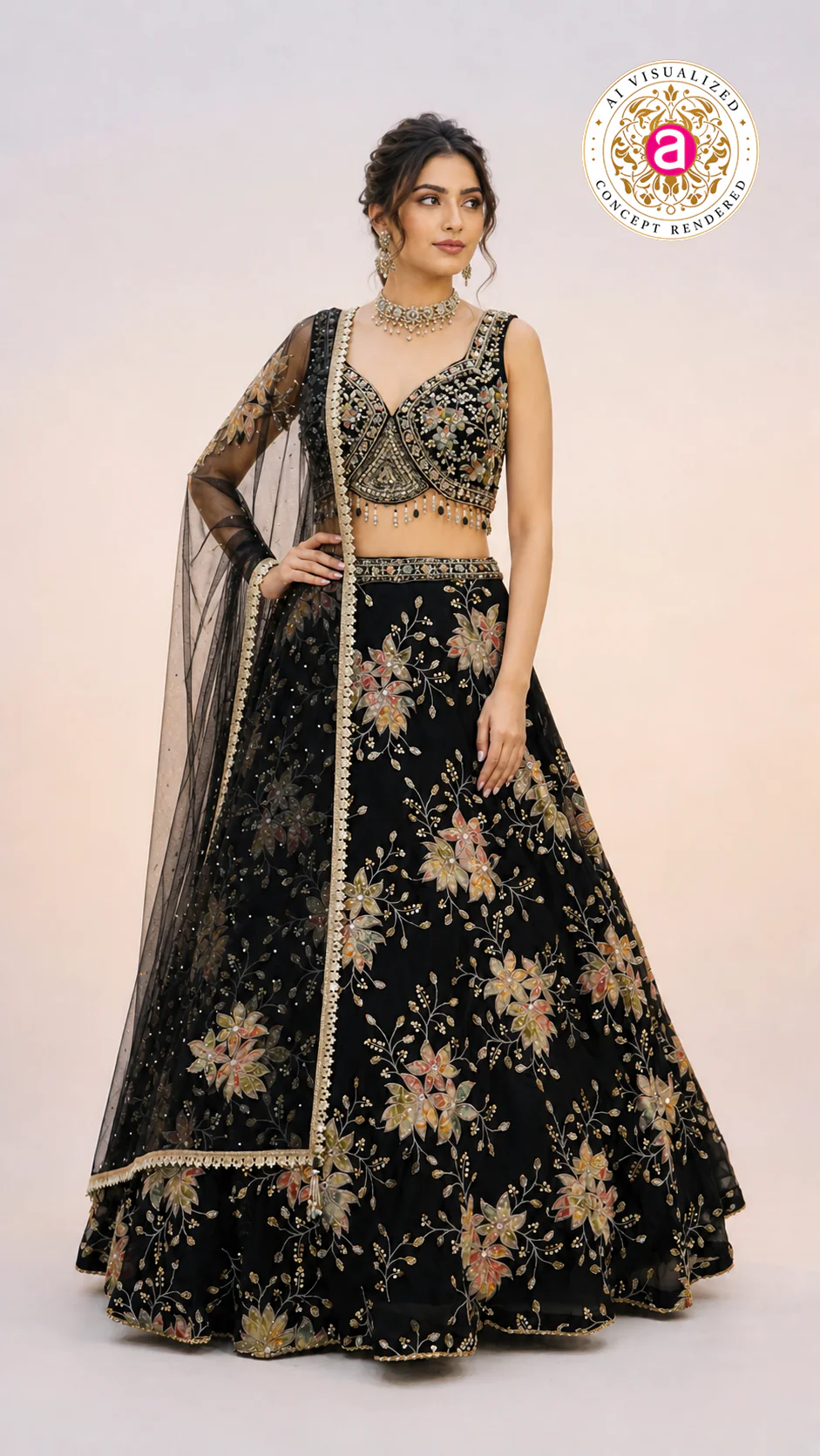 Black Floral Embroidered Lehenga Choli with Designer Blouse & Sheer Net Dupatta - Image 4