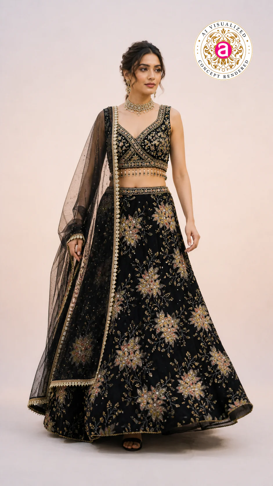Black Floral Embroidered Lehenga Choli with Designer Blouse & Sheer Net Dupatta - Image 5