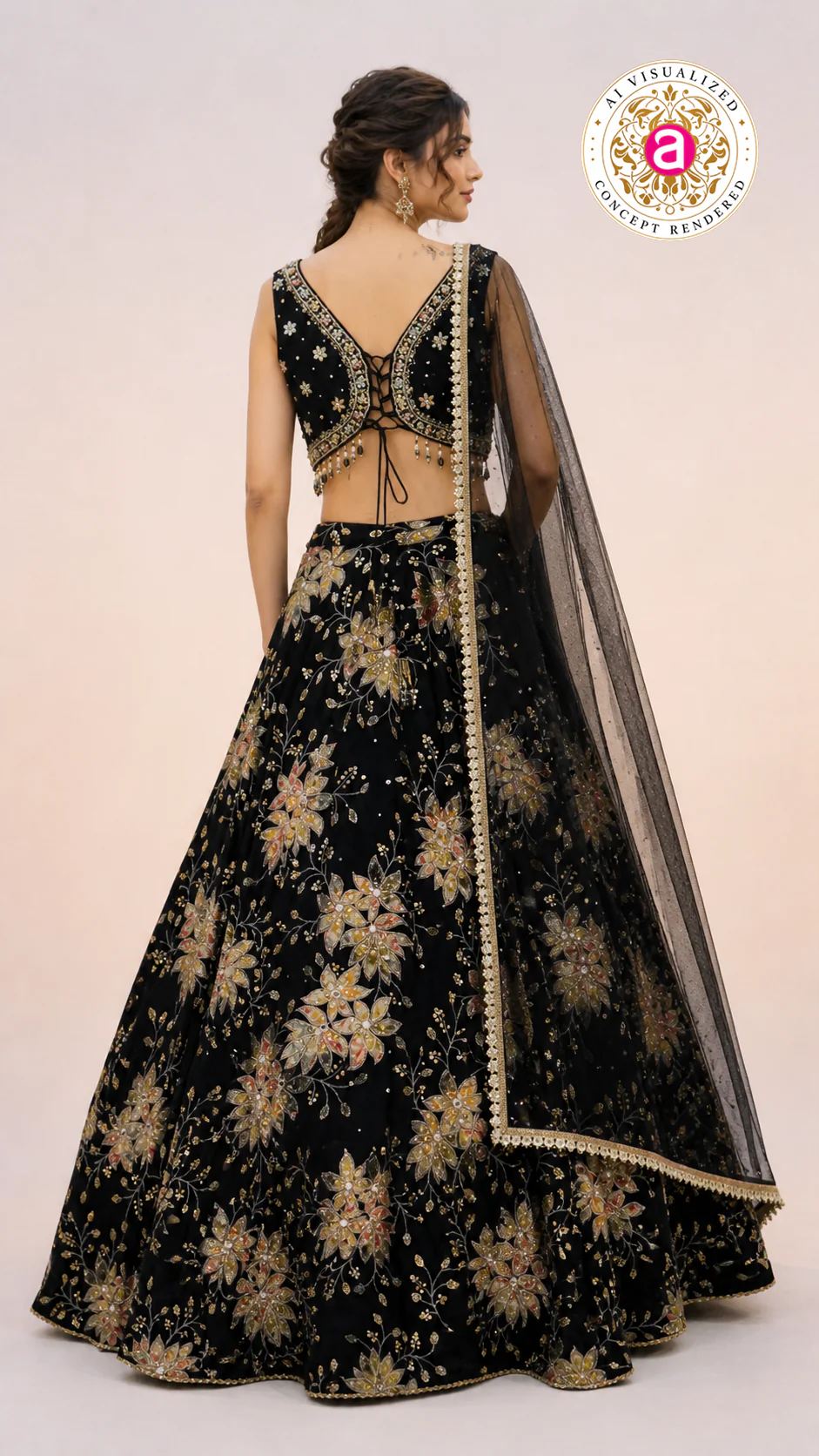 Black Floral Embroidered Lehenga Choli with Designer Blouse & Sheer Net Dupatta - Image 6