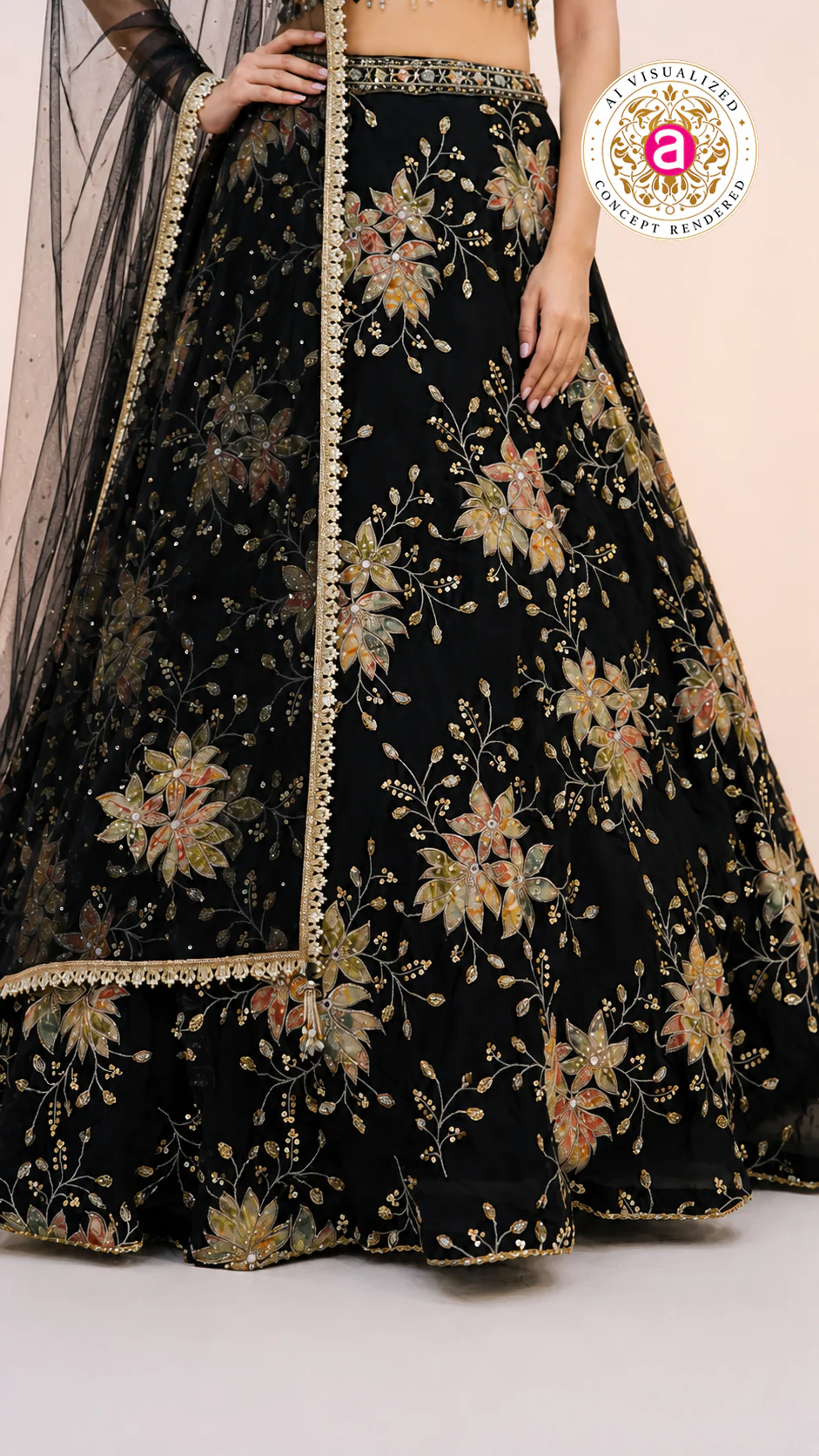 Black Floral Embroidered Lehenga Choli with Designer Blouse & Sheer Net Dupatta - Image 7