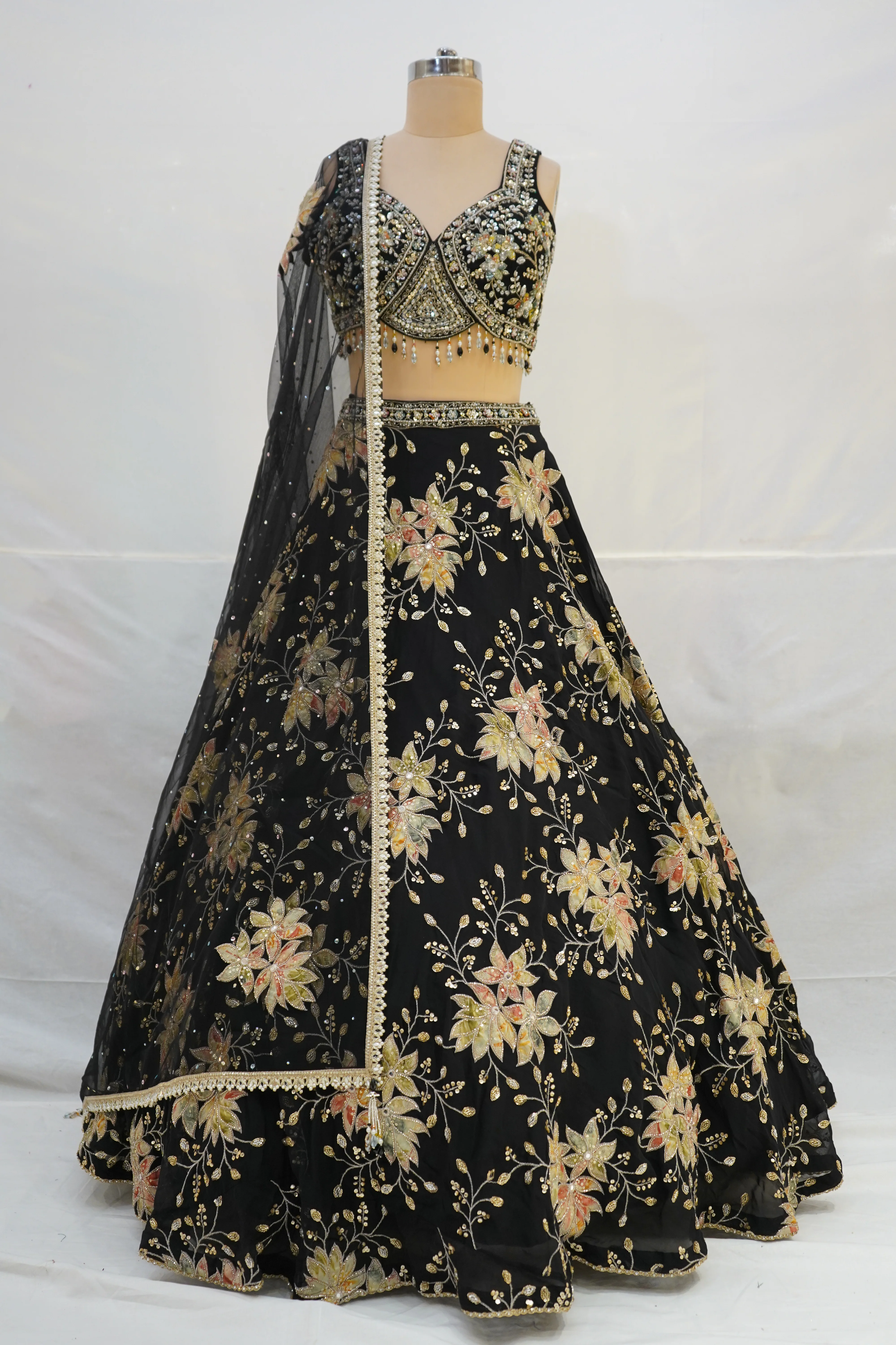 Black Floral Embroidered Lehenga Choli with Designer Blouse & Sheer Net Dupatta - Image 8