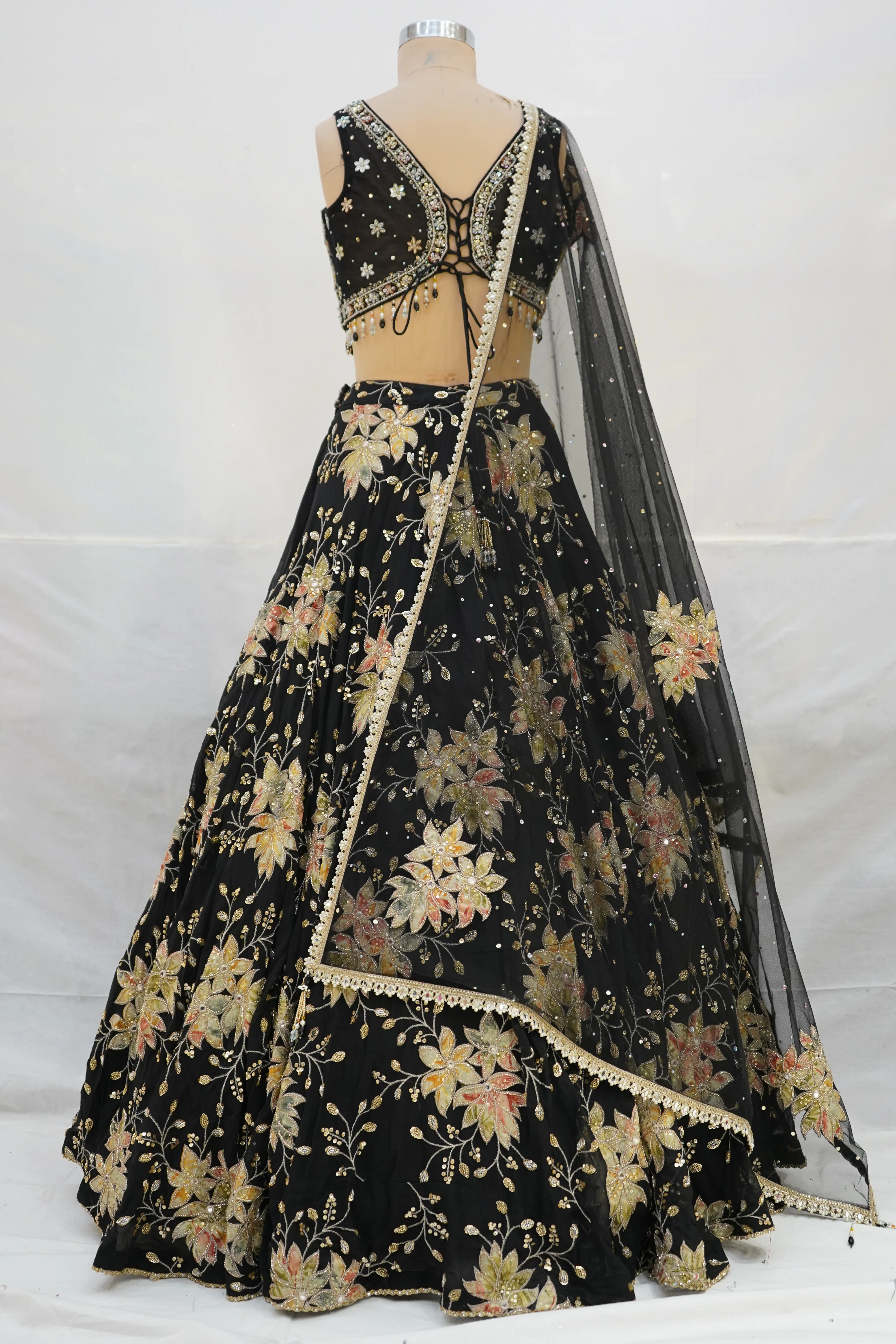 Black Floral Embroidered Lehenga Choli with Designer Blouse & Sheer Net Dupatta - Image 9
