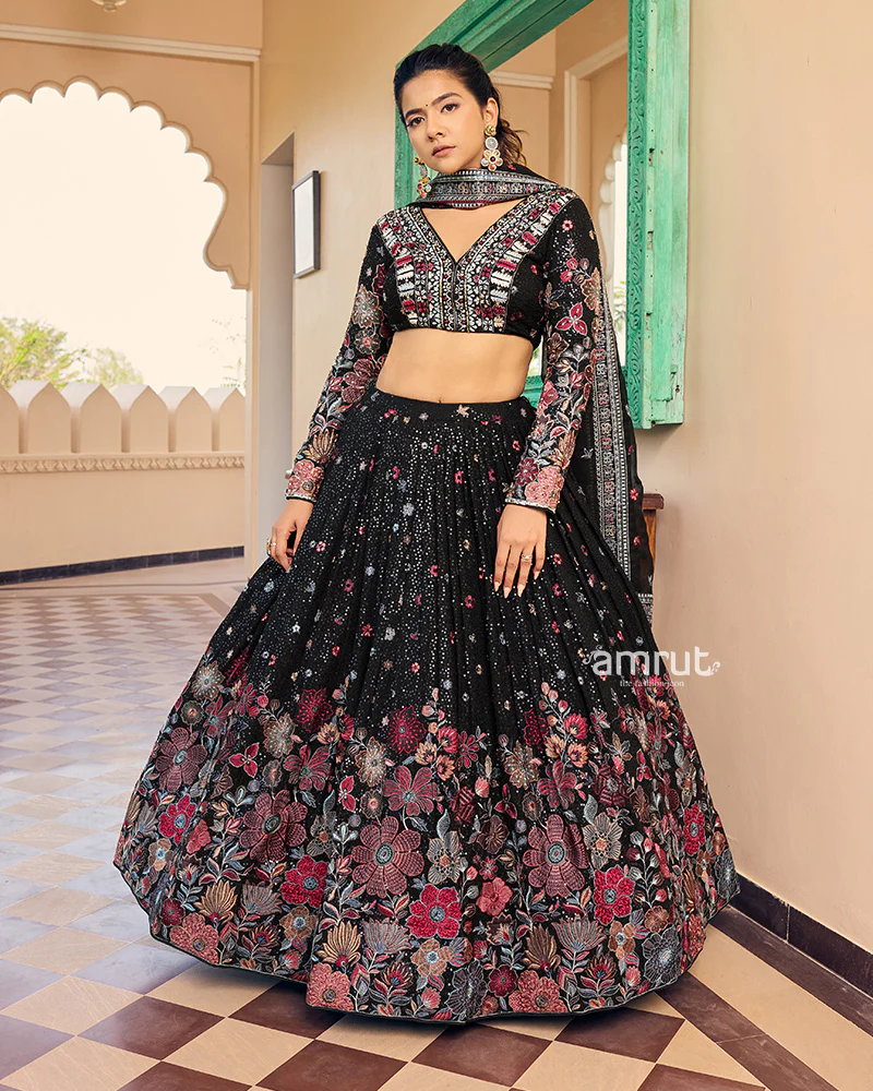 Black Floral Print Georgette Embroidered Lehenga - Image 3