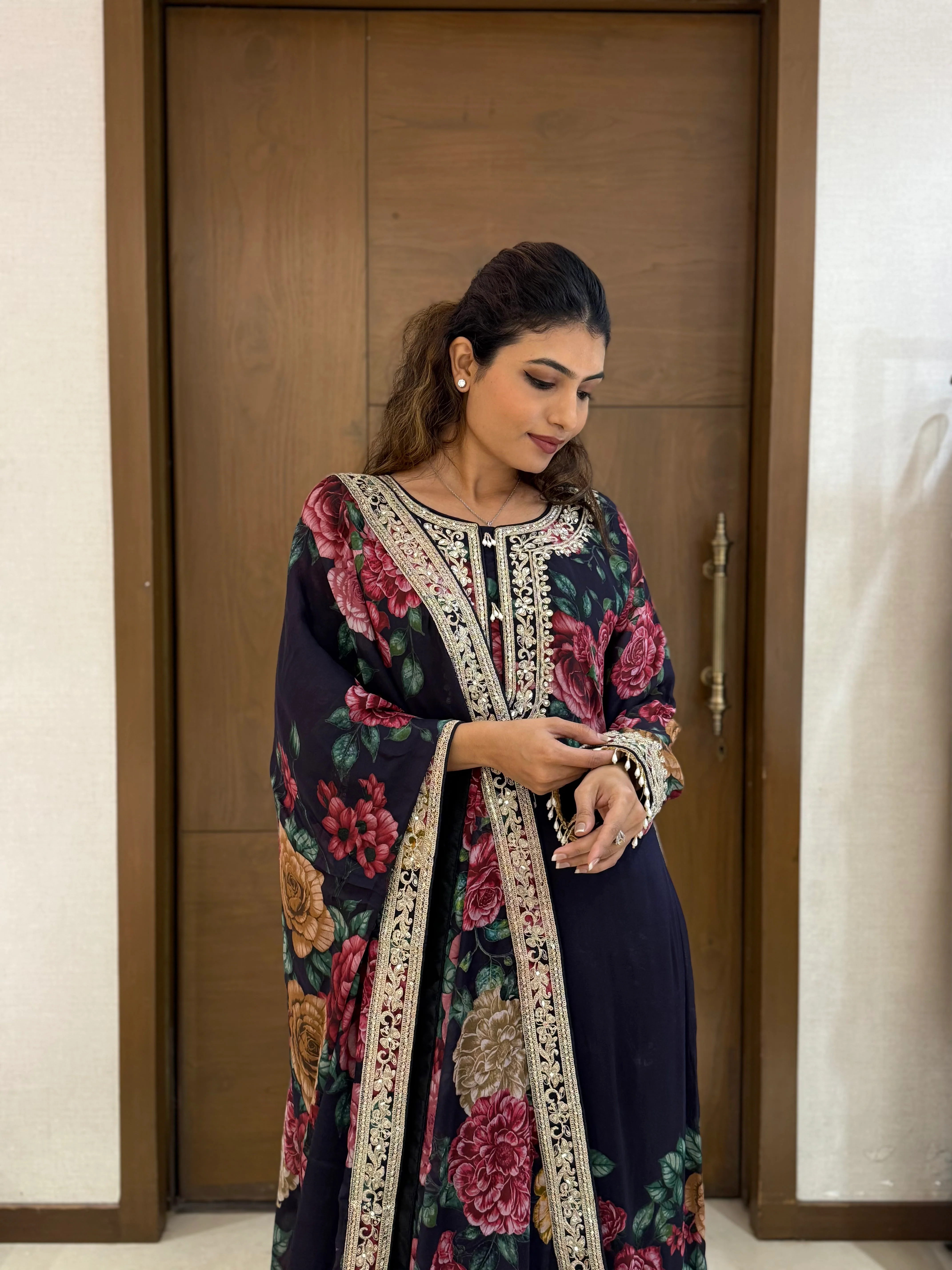 Black Floral Printed Embroidered Suit Set with Dupatta - Image 3