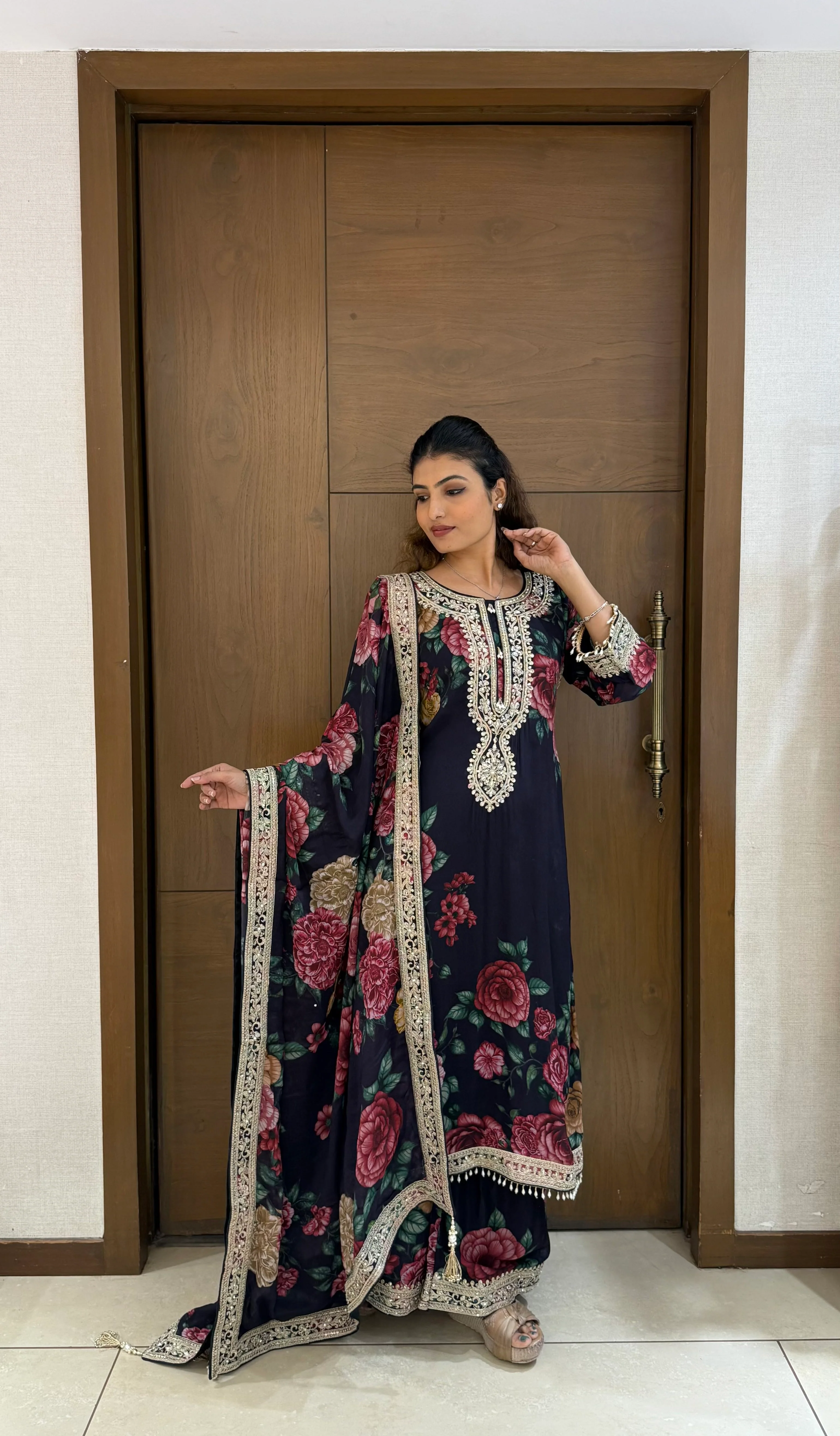 Black Floral Printed Embroidered Suit Set with Dupatta - Image 4