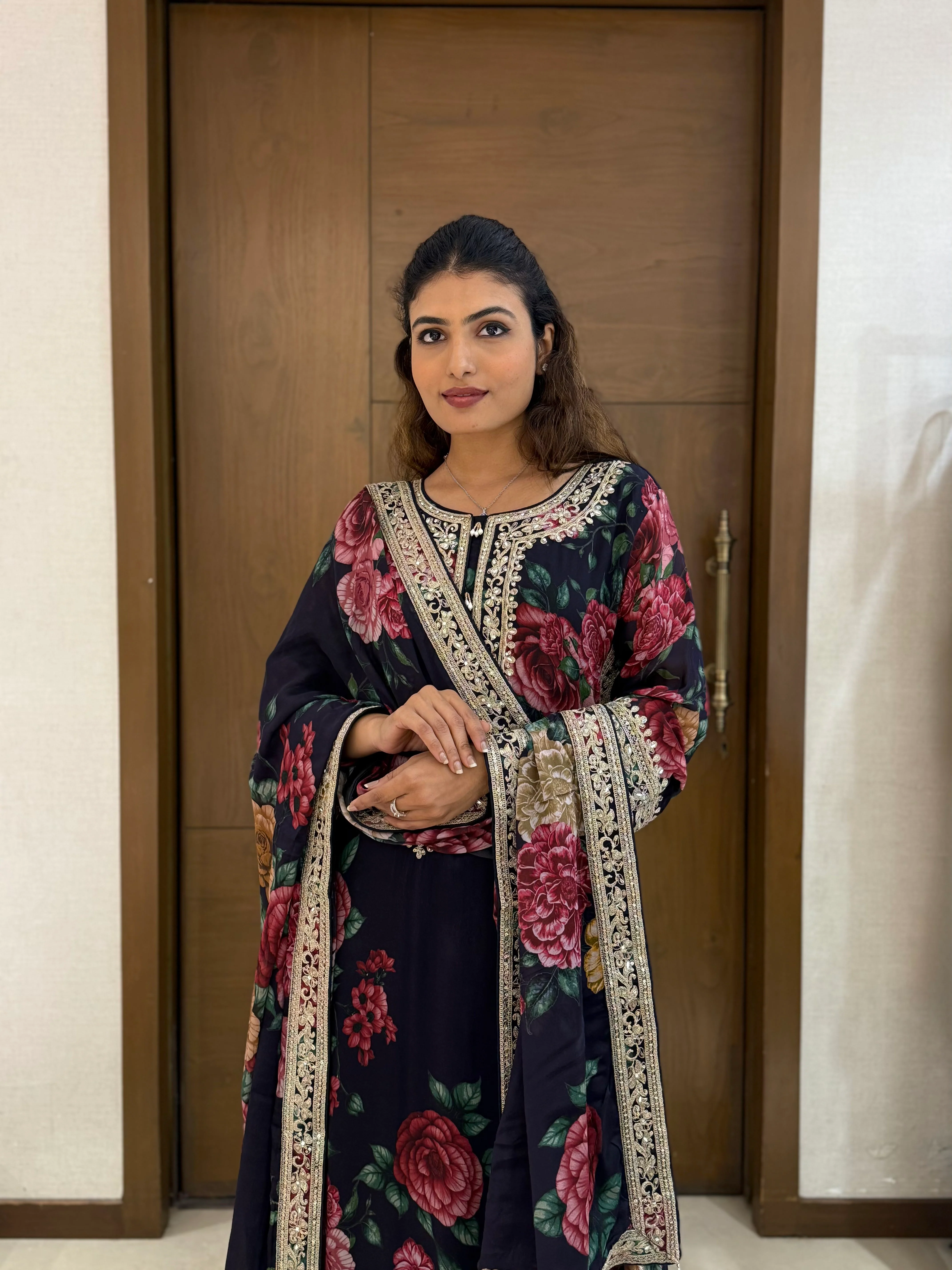 Black Floral Printed Embroidered Suit Set with Dupatta - Image 5