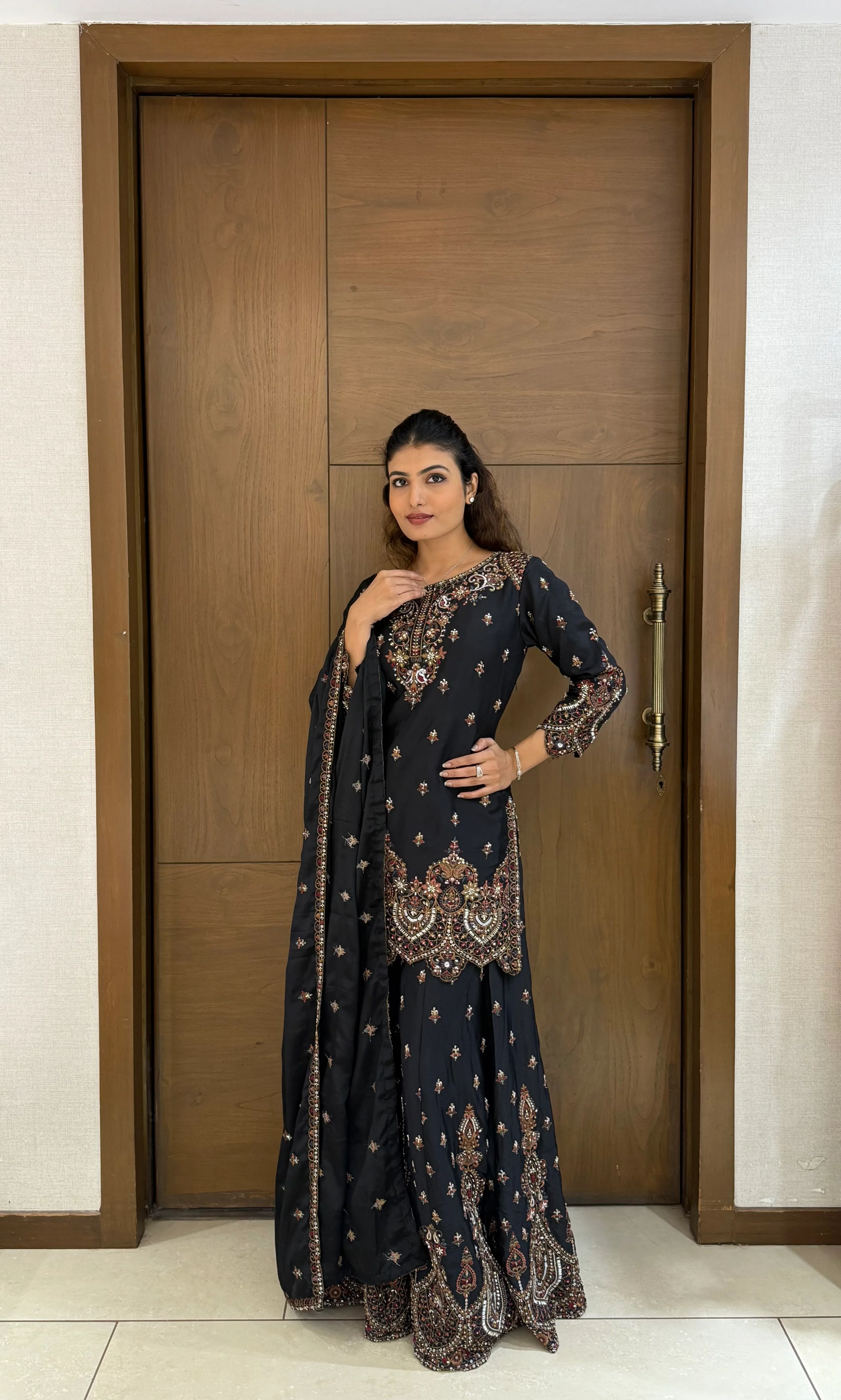 Black Georgette Embroidered Sharara Suit with Dupatta - Image 3