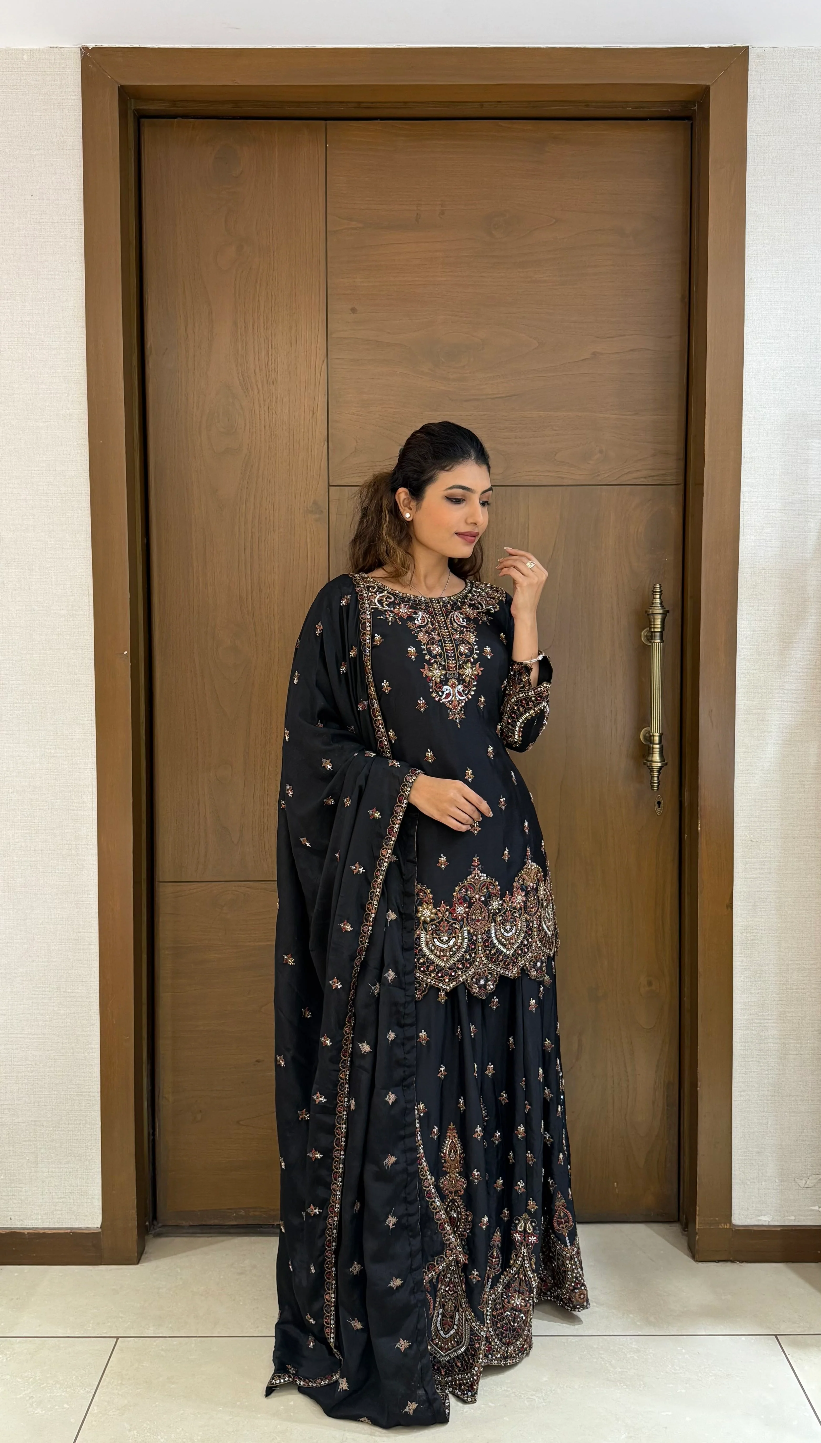Black Georgette Embroidered Sharara Suit with Dupatta - Image 4