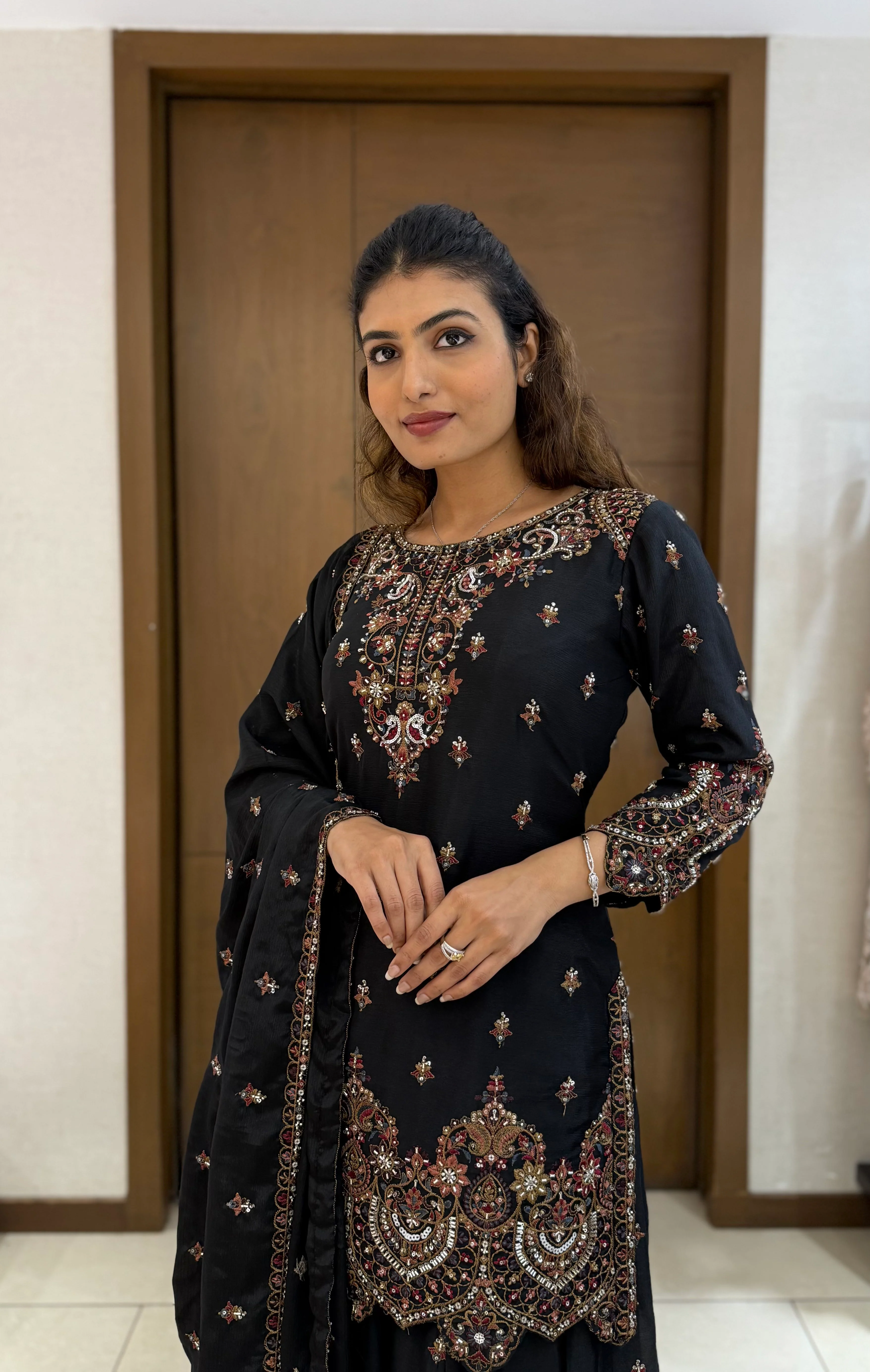Black Georgette Embroidered Sharara Suit with Dupatta - Image 5