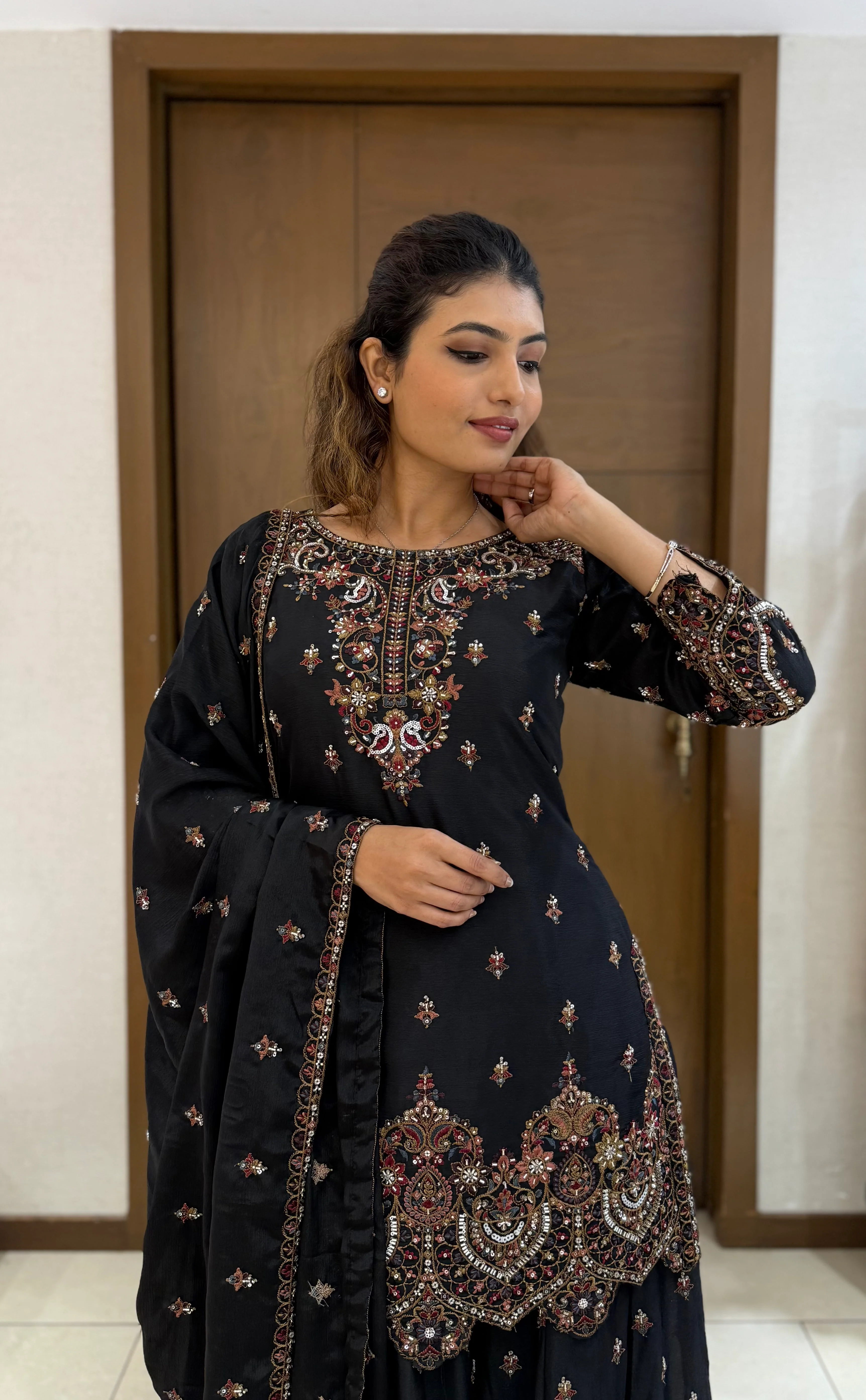 Black Georgette Embroidered Sharara Suit with Dupatta - Image 6
