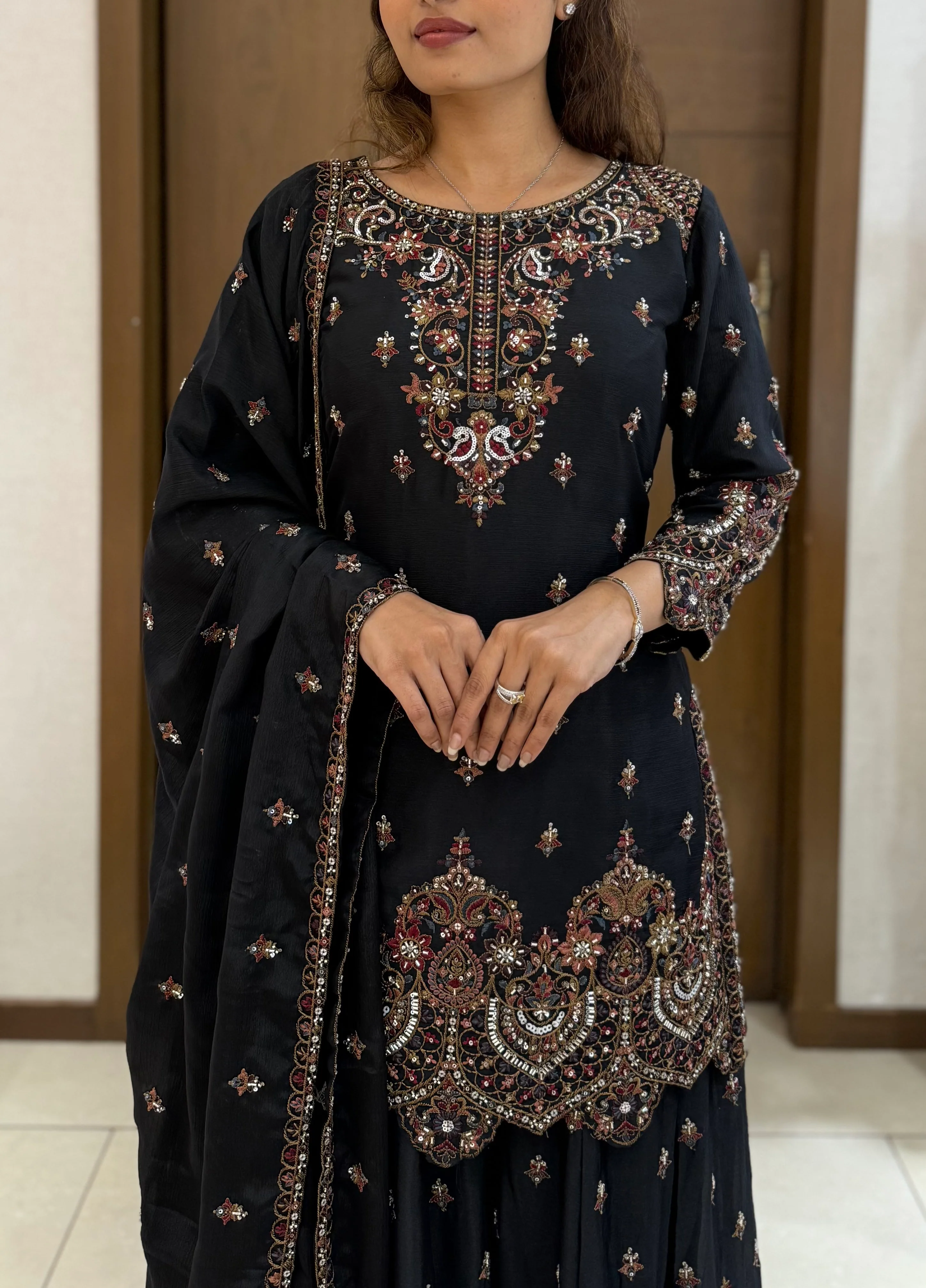 Black Georgette Embroidered Sharara Suit with Dupatta - Image 7