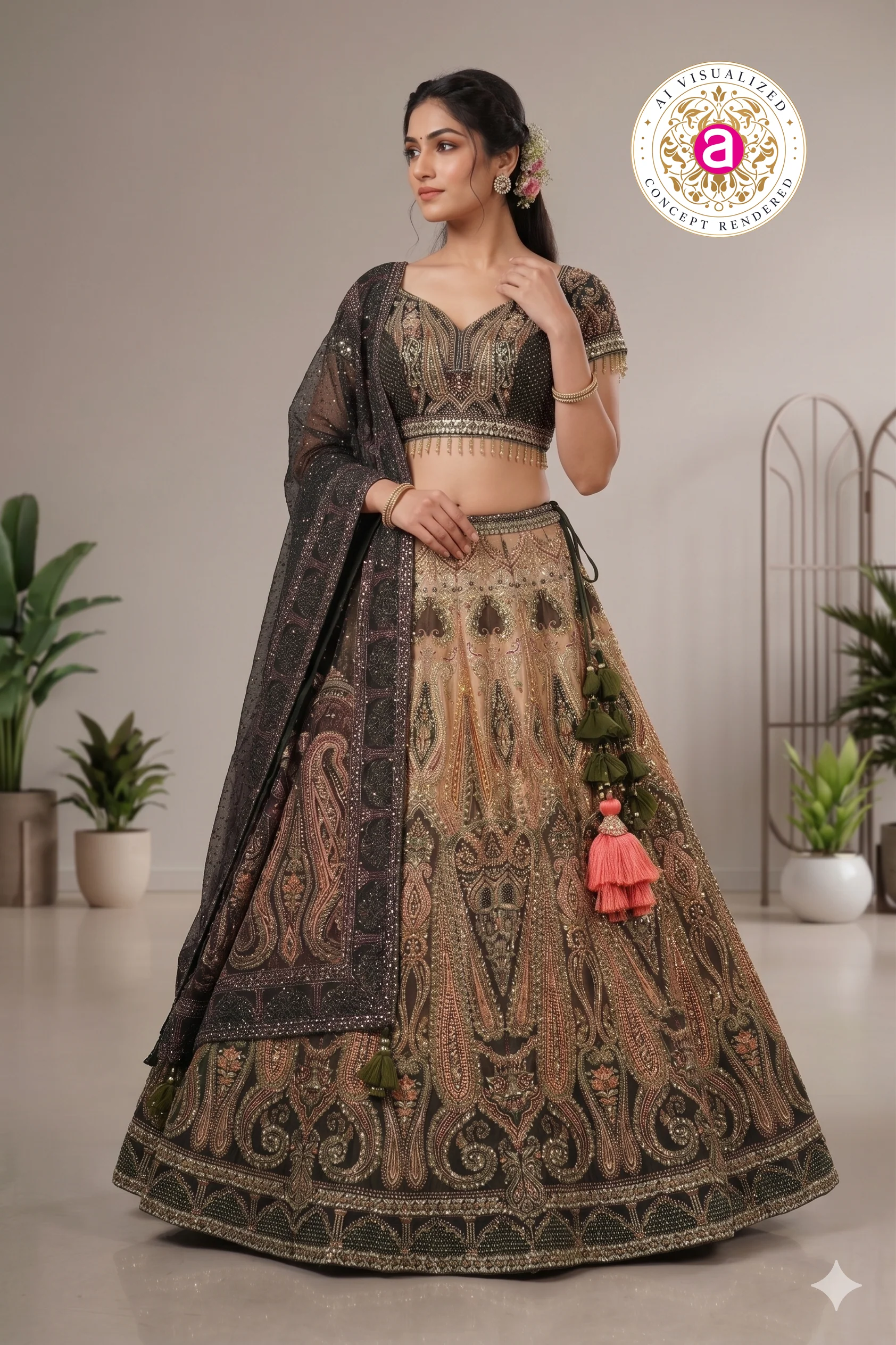 Black & Gold Designer Lehenga Set with Embellished Blouse and Dupatta - Image 3