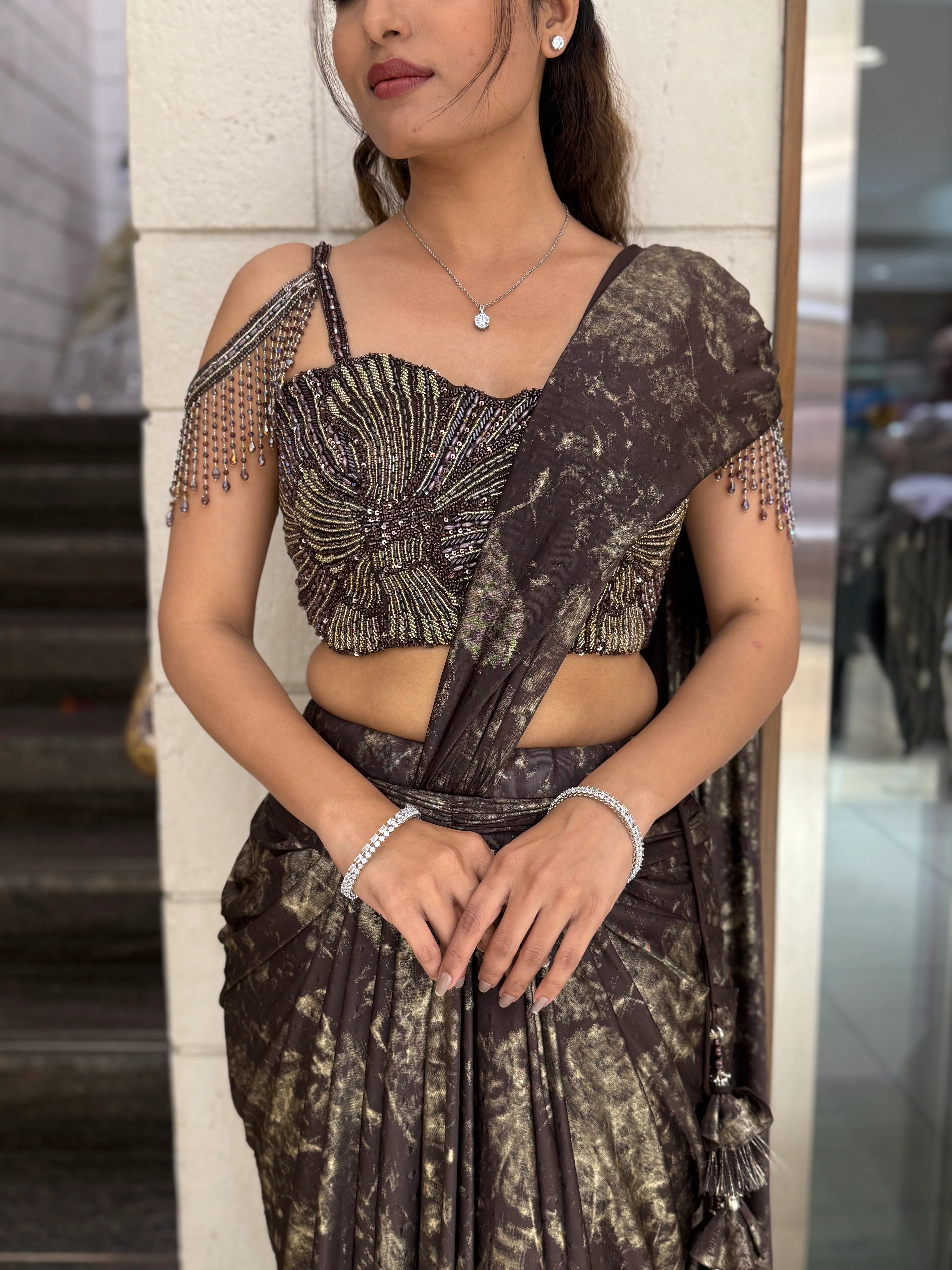 Black & Gold Ready-to-Wear Draped Saree with Heavy Designer Blouse - Image 2