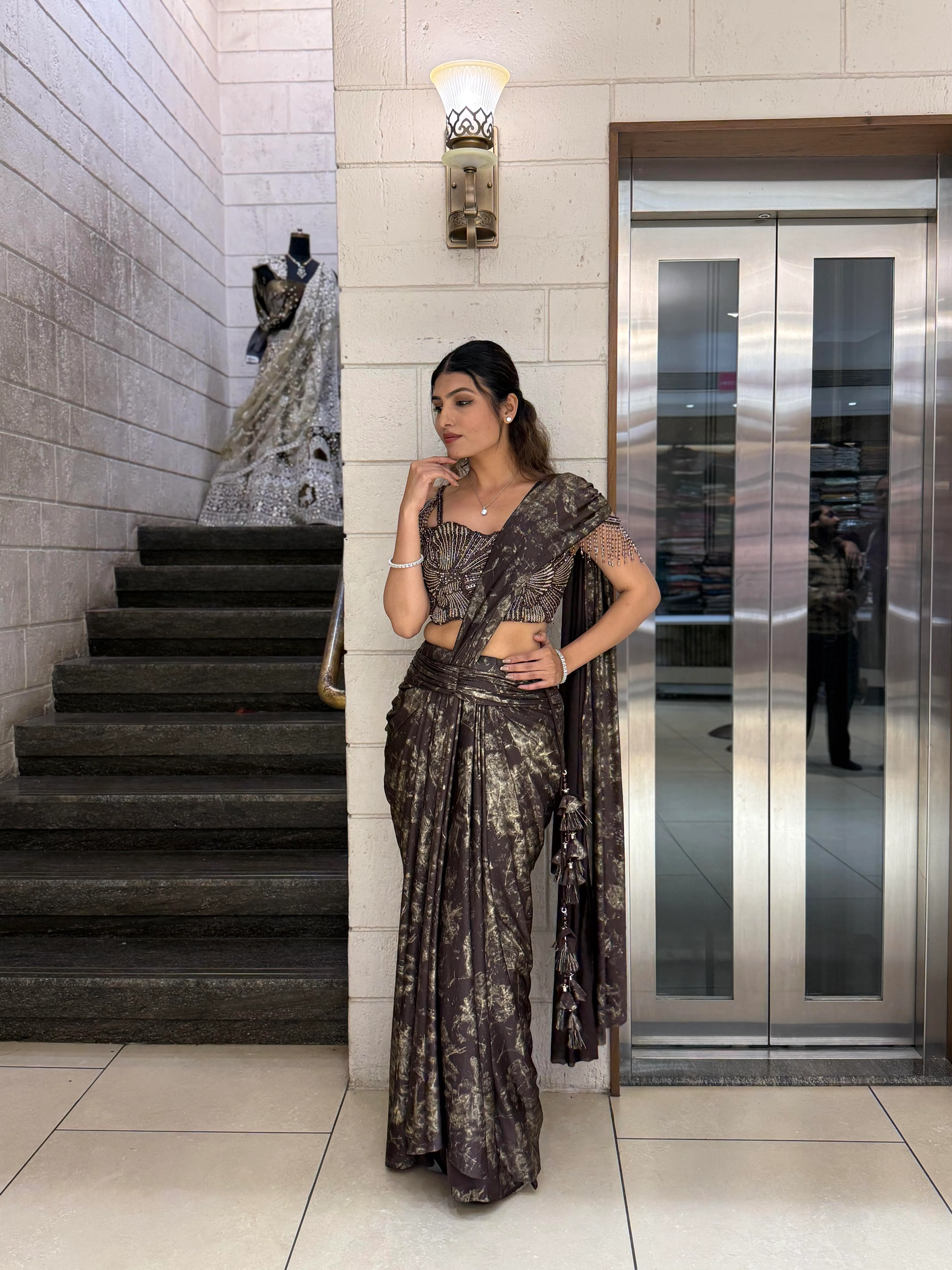 Black & Gold Ready-to-Wear Draped Saree with Heavy Designer Blouse - Image 3
